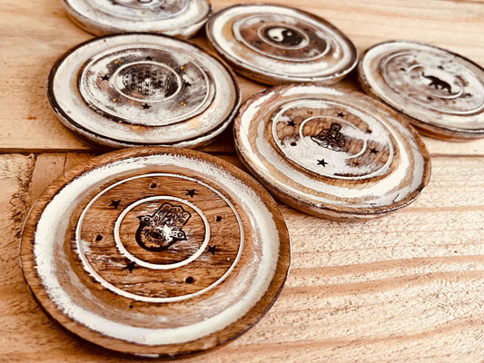 Handmade Fair Trade Ethically Sourced Bohemian Hippie Incense Stick Holder Ash Catcher Mango Wood Round Plate White Brown 
