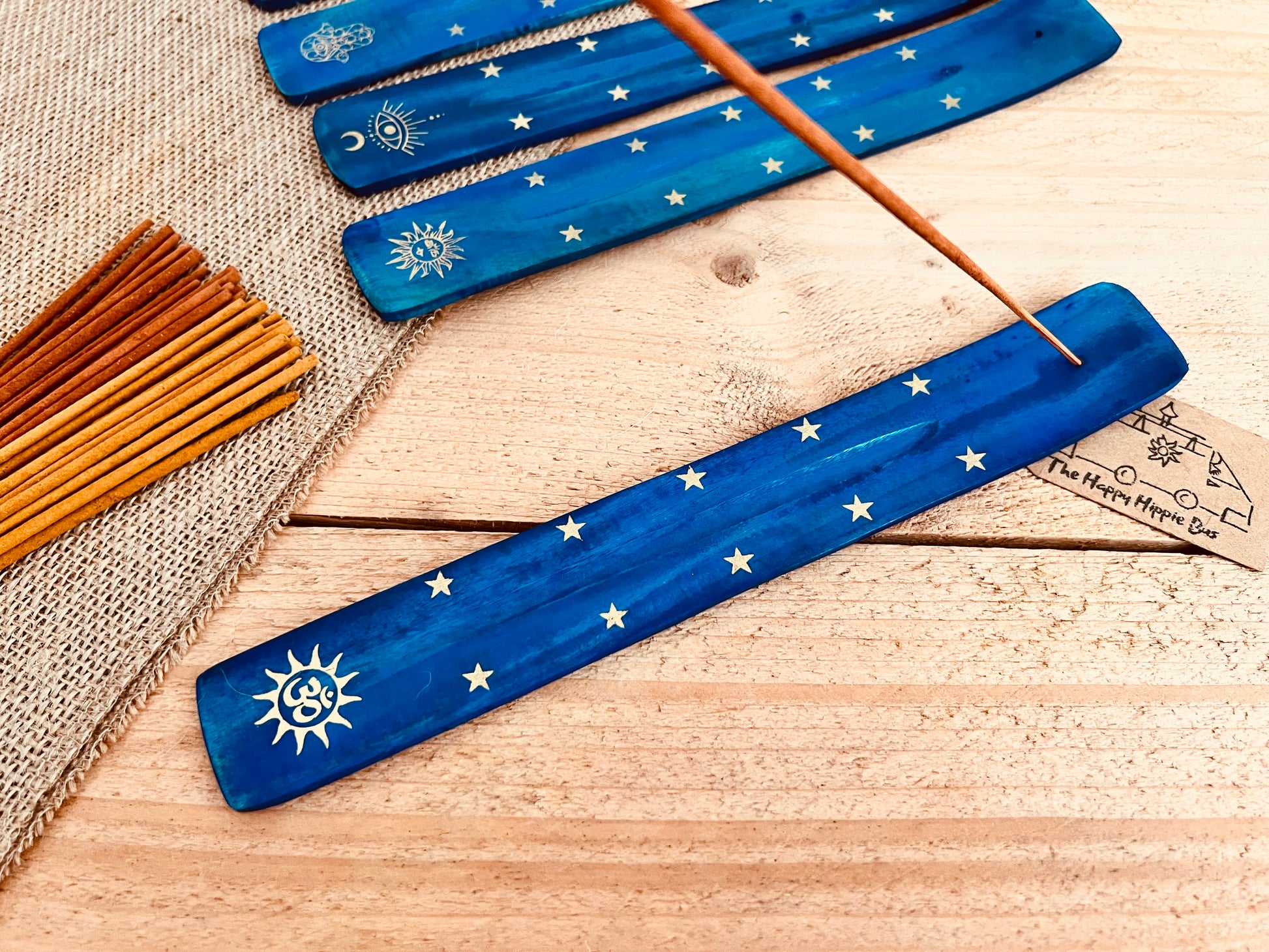 Om symbol design long incense holder ash catcher, incense stick holder burner in dark midnight blue colour with gold printed boho hippie design finish, six designs to choose from, handmade, hand printed ethically sourced wooden incense holder, boho hippie home decor incense