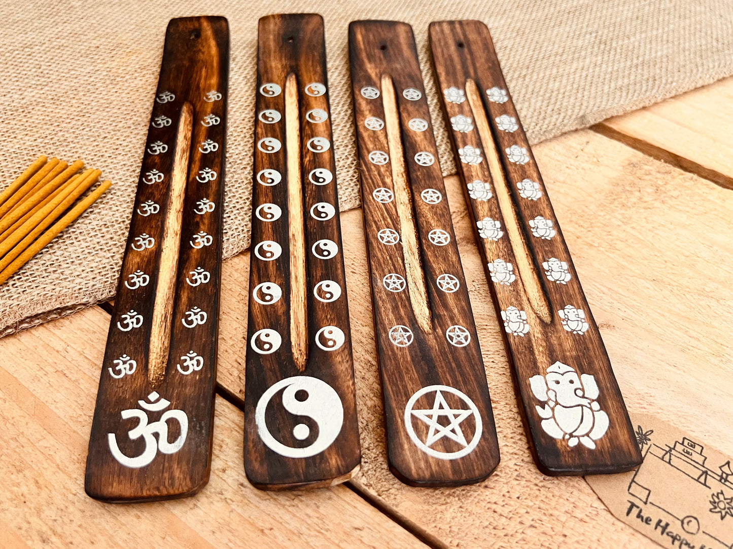 handmade incense stick holder burner with metallic paint printed bohemian hippie chic designs, Om Symbol, Pentagram, Ganesha, Yin Yang incense ash catcher, calming incense sticks, ethically sourced wooden incense holder in dark wood finish