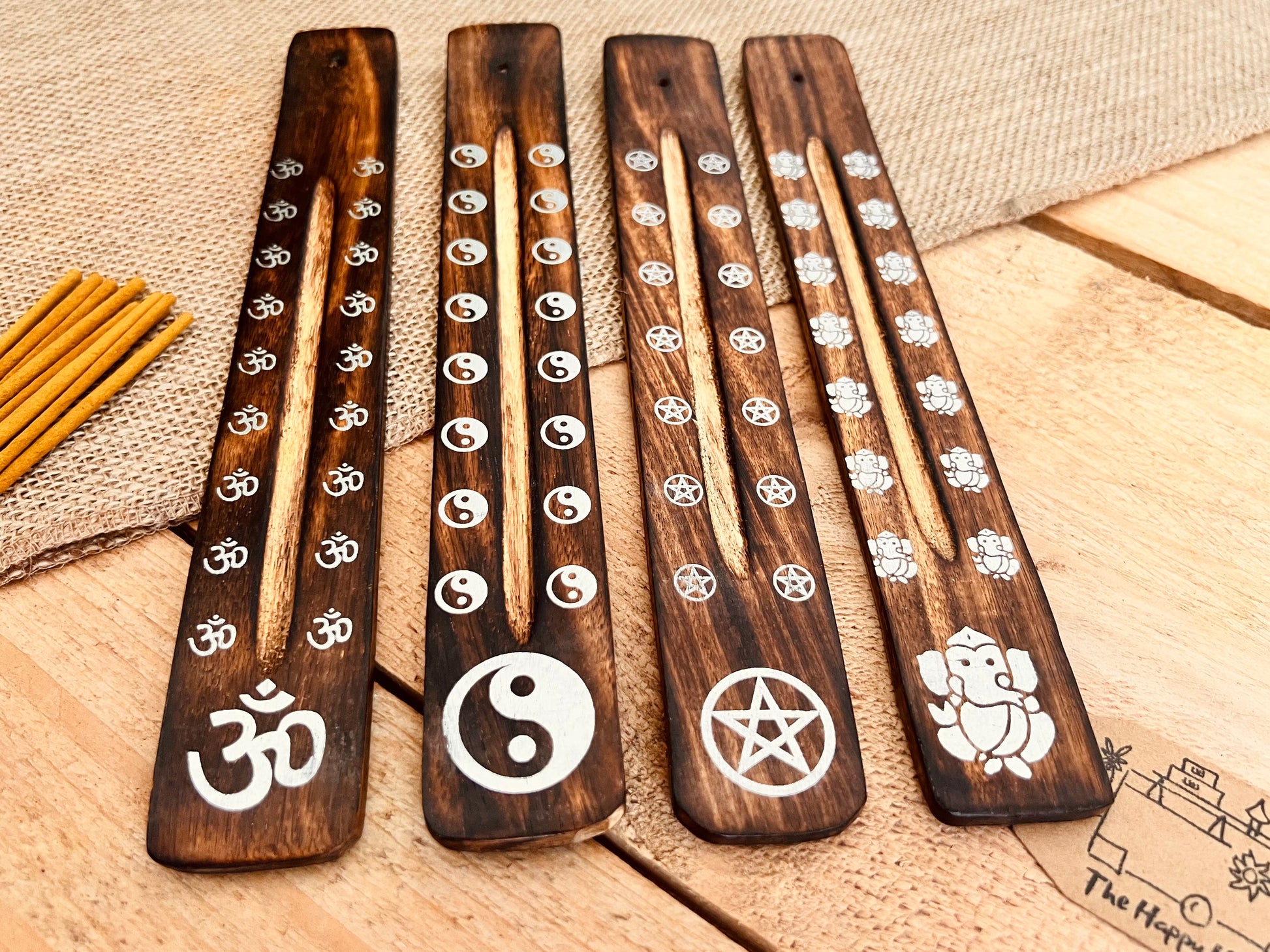 handmade incense stick holder burner with metallic paint printed bohemian hippie chic designs, Om Symbol, Pentagram, Ganesha, Yin Yang incense ash catcher, calming incense sticks, ethically sourced wooden incense holder in dark wood finish
