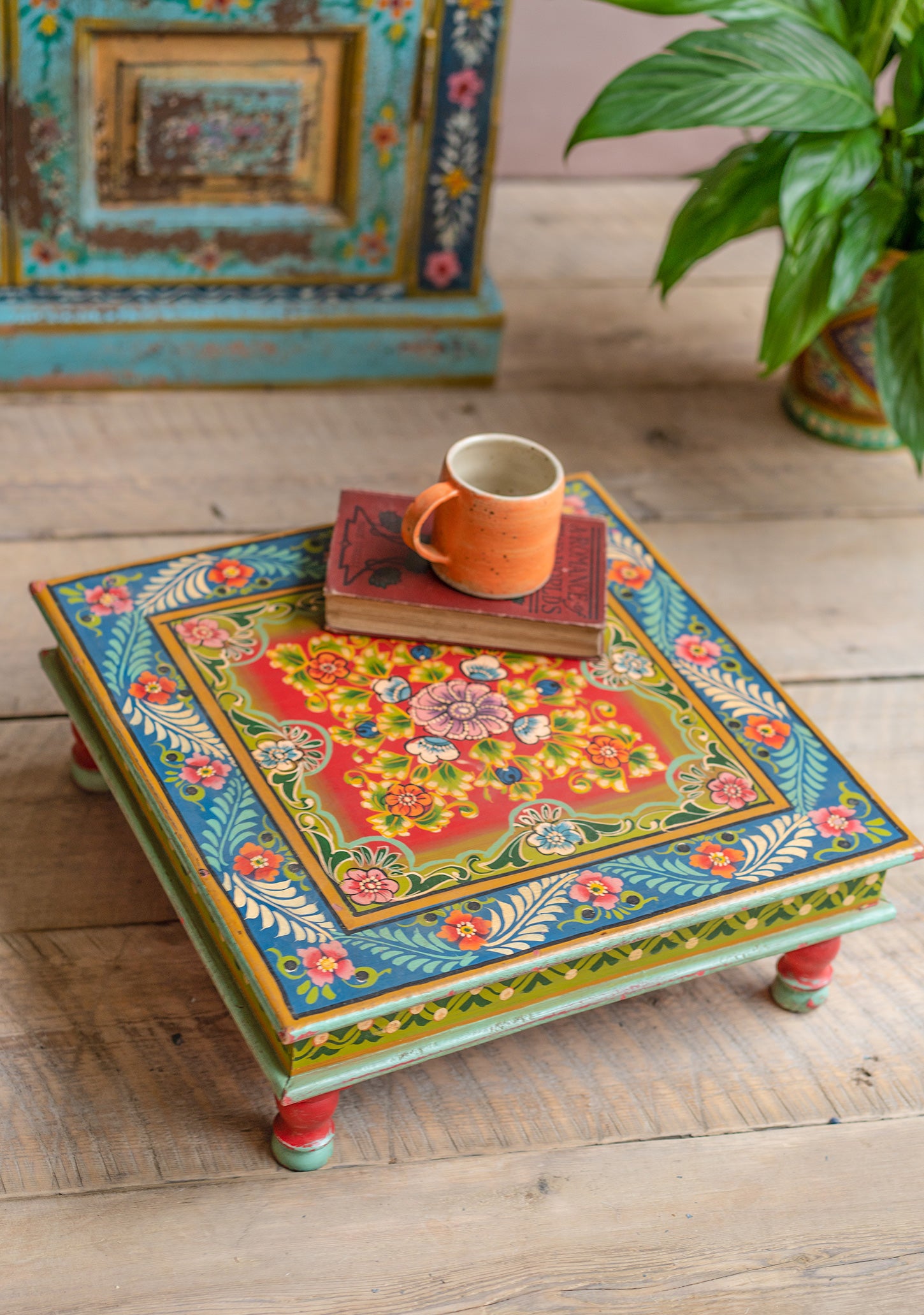 Hand Painted Low Indian Bohemian Table Vintage Style Blue Red Yellow 