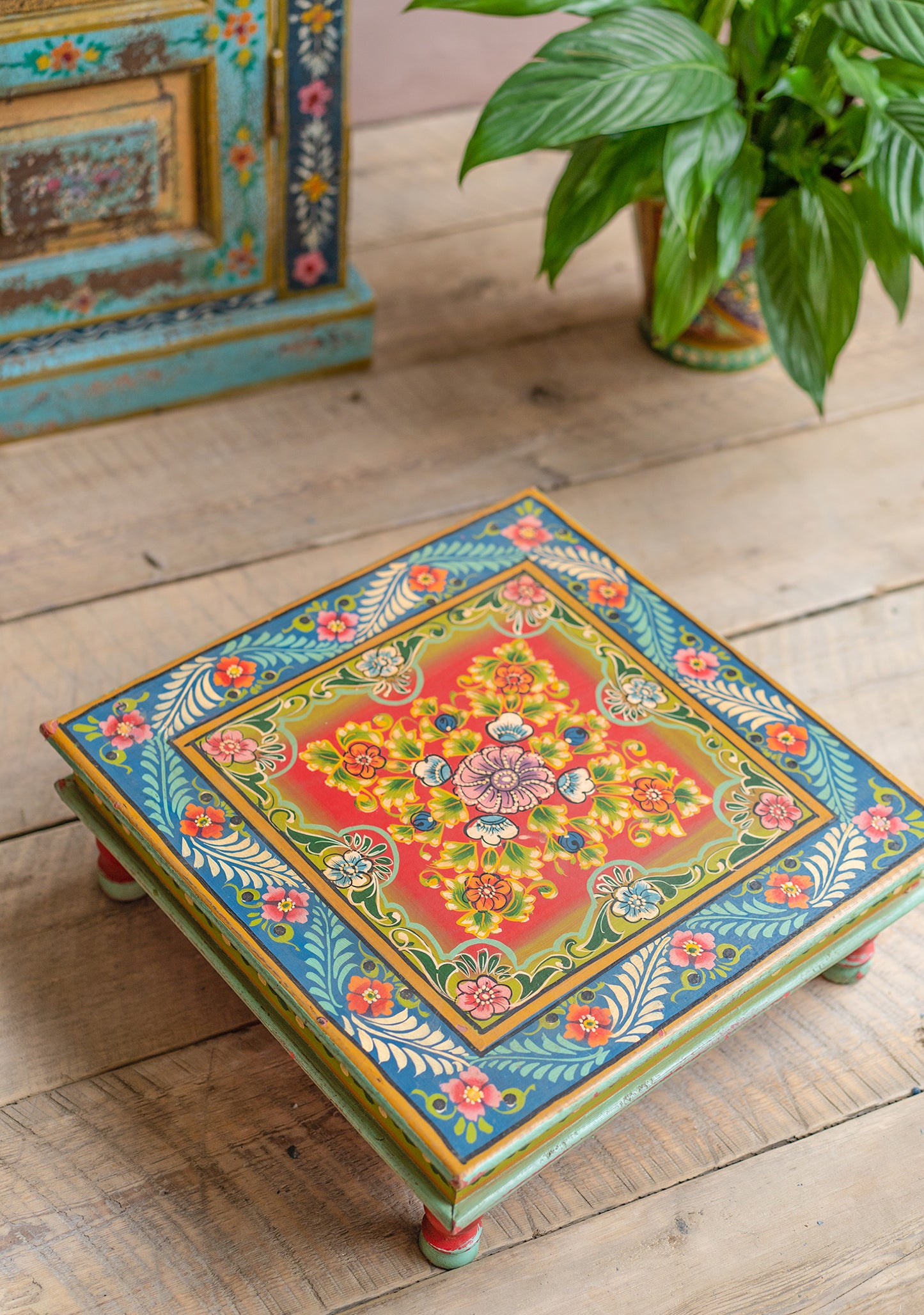 Hand Painted Low Indian Bohemian Table Vintage Style Blue Red Yellow 