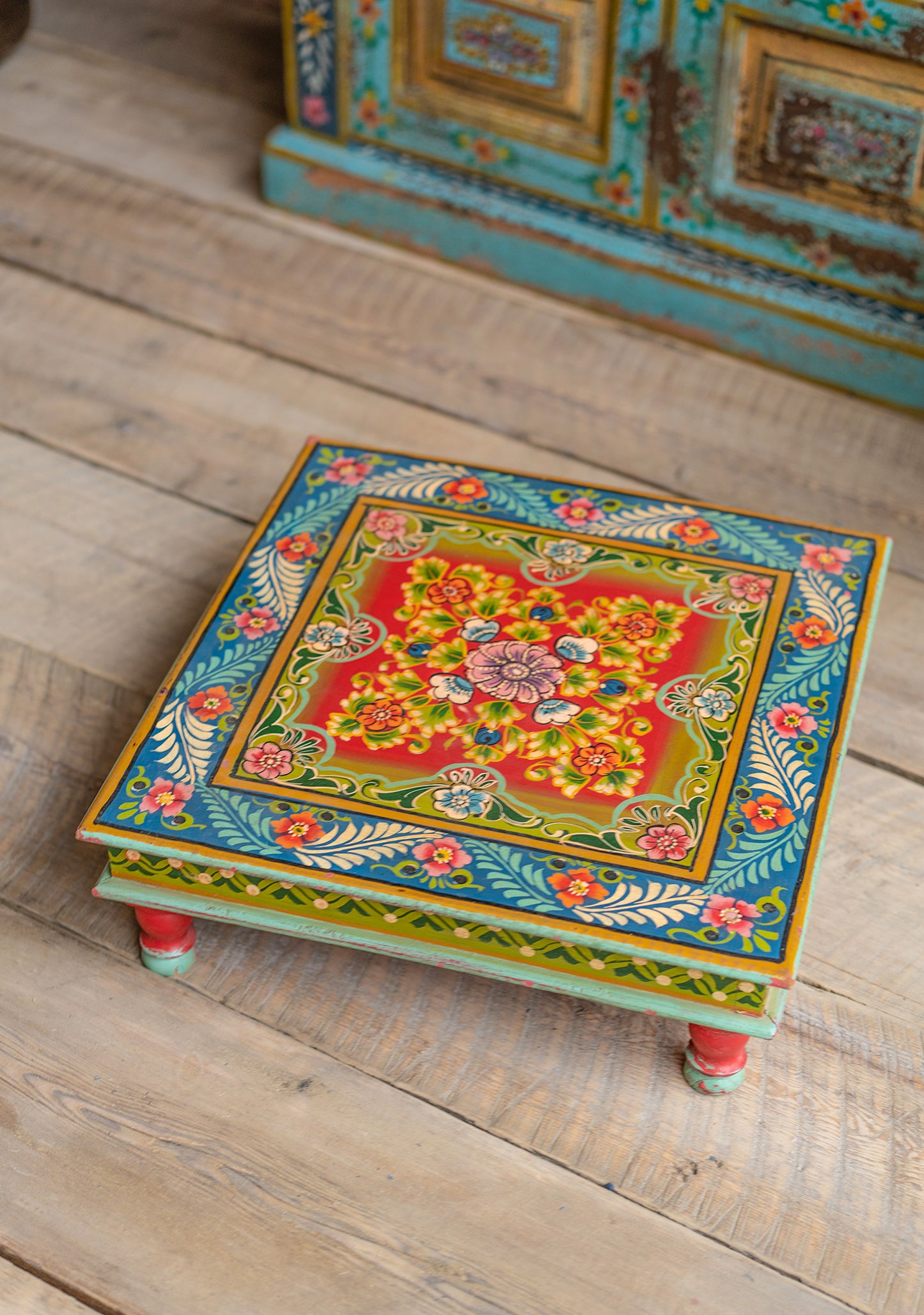 Hand Painted Low Indian Bohemian Table Vintage Style Blue Red Yellow 