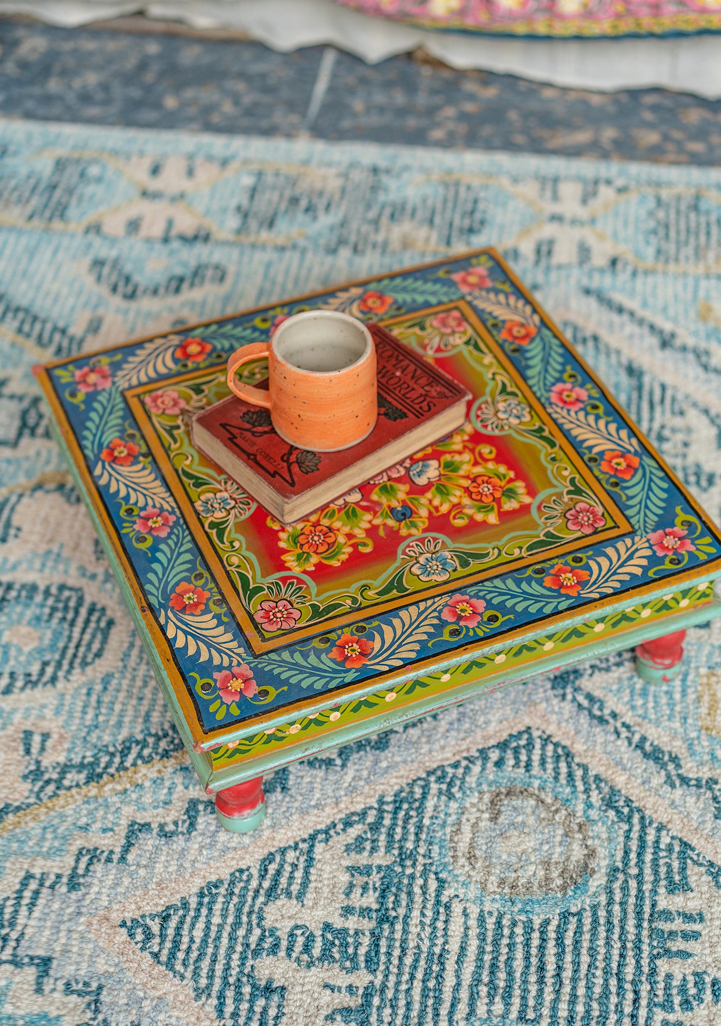 Hand Painted Low Indian Bohemian Table Vintage Style Blue Red Yellow 
