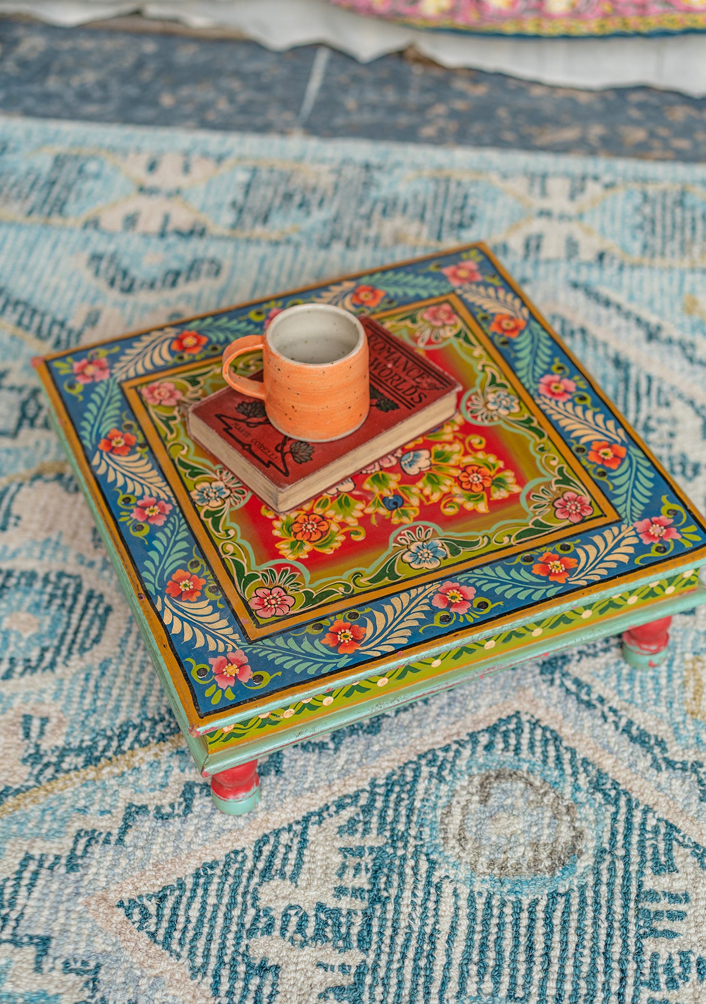 Hand Painted Low Indian Bohemian Table Vintage Style Blue Red Yellow 
