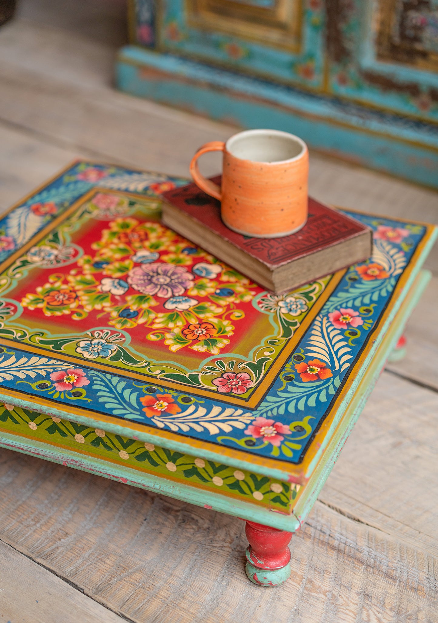 Hand Painted Low Indian Bohemian Table Vintage Style Blue Red Yellow 