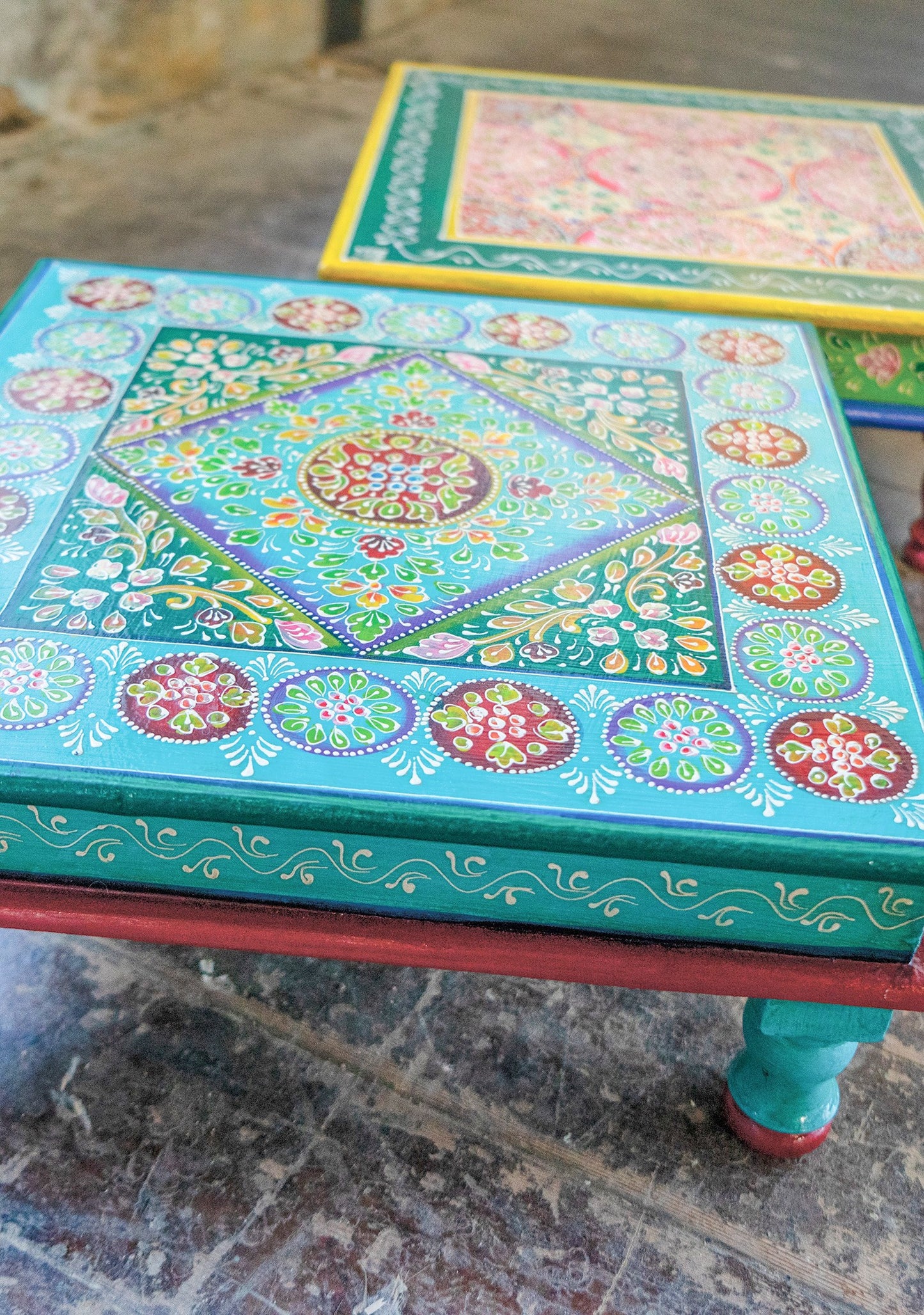 Hand Painted Turquoise & Lime Wooden Bajot Table