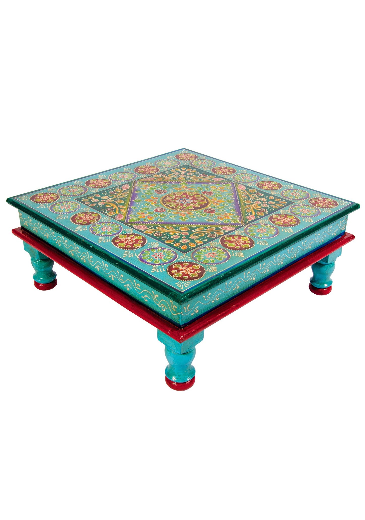Hand Painted Turquoise & Lime Wooden Bajot Table