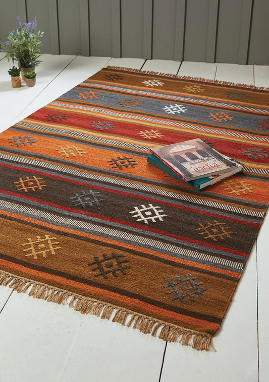 Bronze & Orange Juma Stripe Kilim Rug Runner & Large Rugs