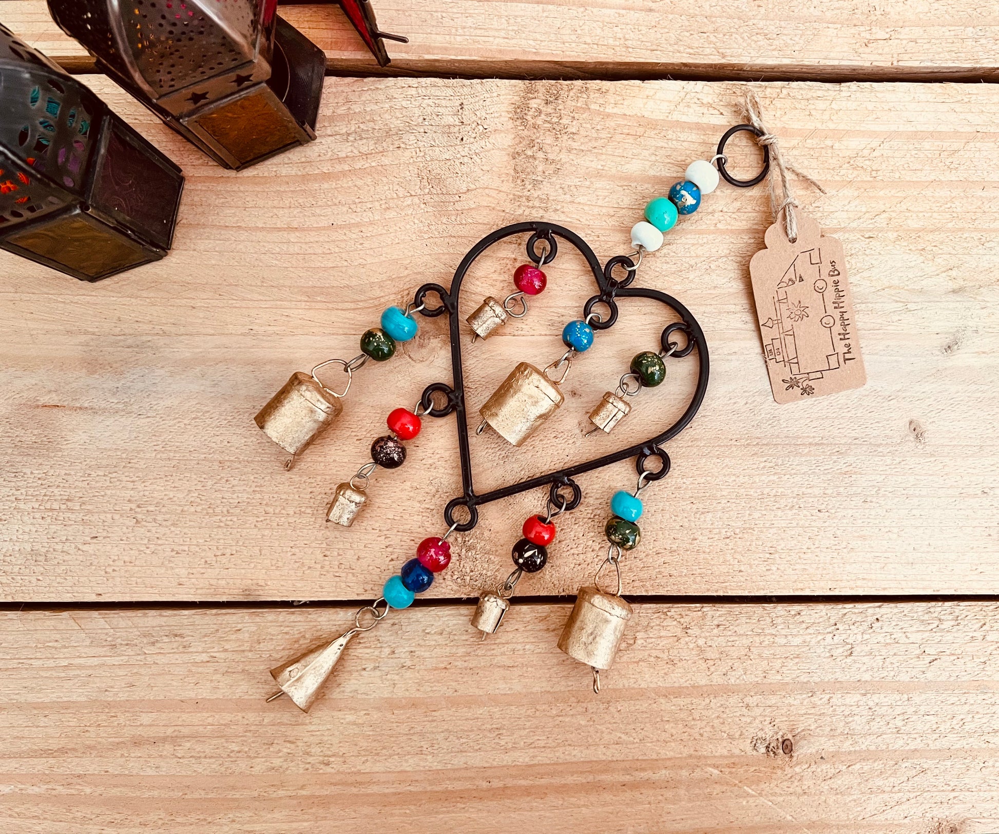 Handmade Fair Trade Ethically Sourced Bohemian Heart Metal Bell Wind Chime Hippie Outdoors Inside 