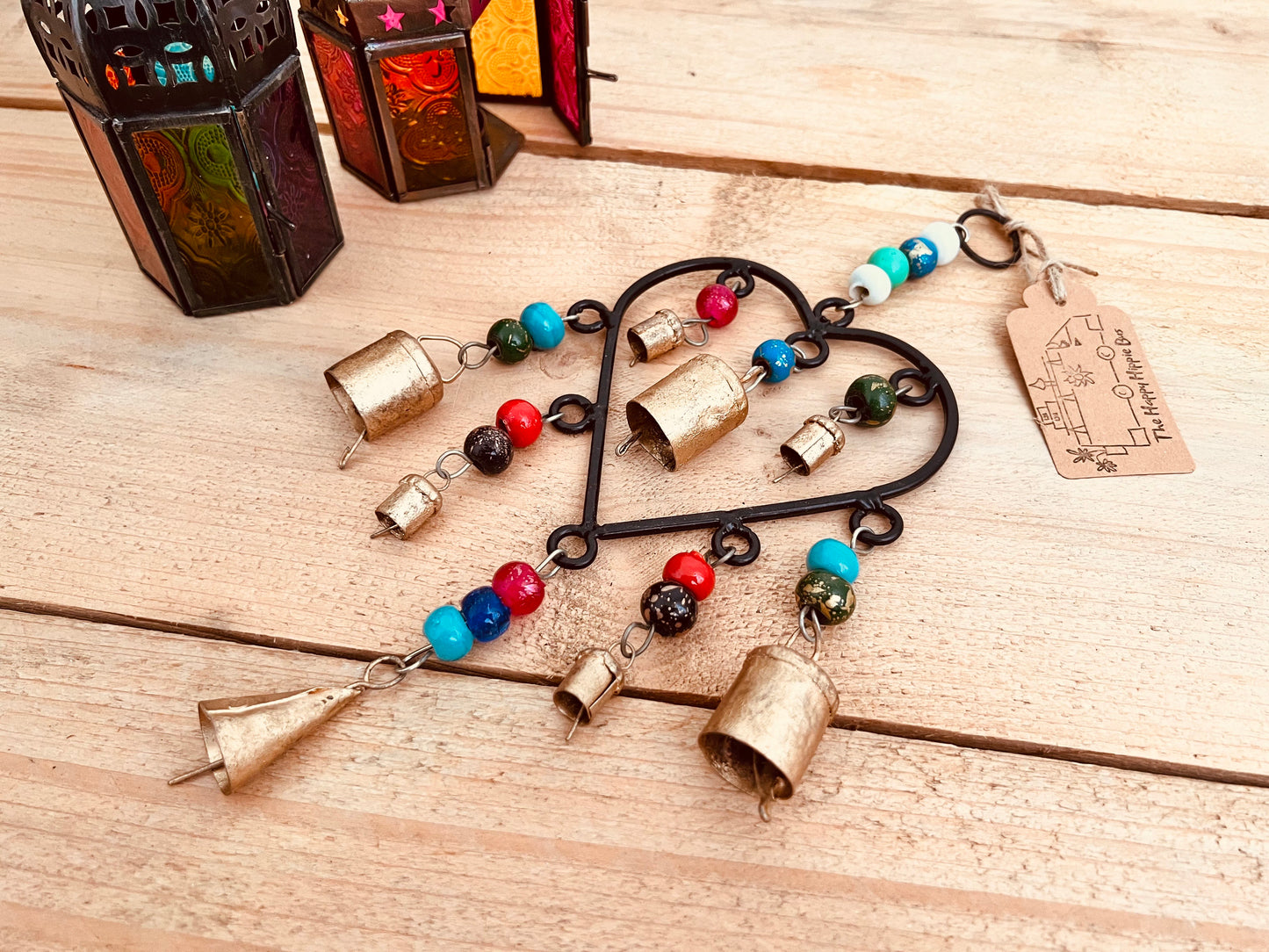 Handmade Fair Trade Ethically Sourced Bohemian Heart Metal Bell Wind Chime Hippie Outdoors Inside 