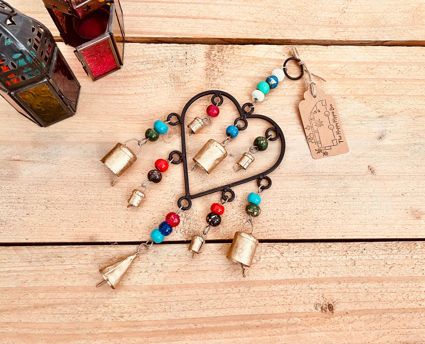 Handmade Fair Trade Ethically Sourced Bohemian Heart Metal Bell Wind Chime Hippie Outdoors Inside 