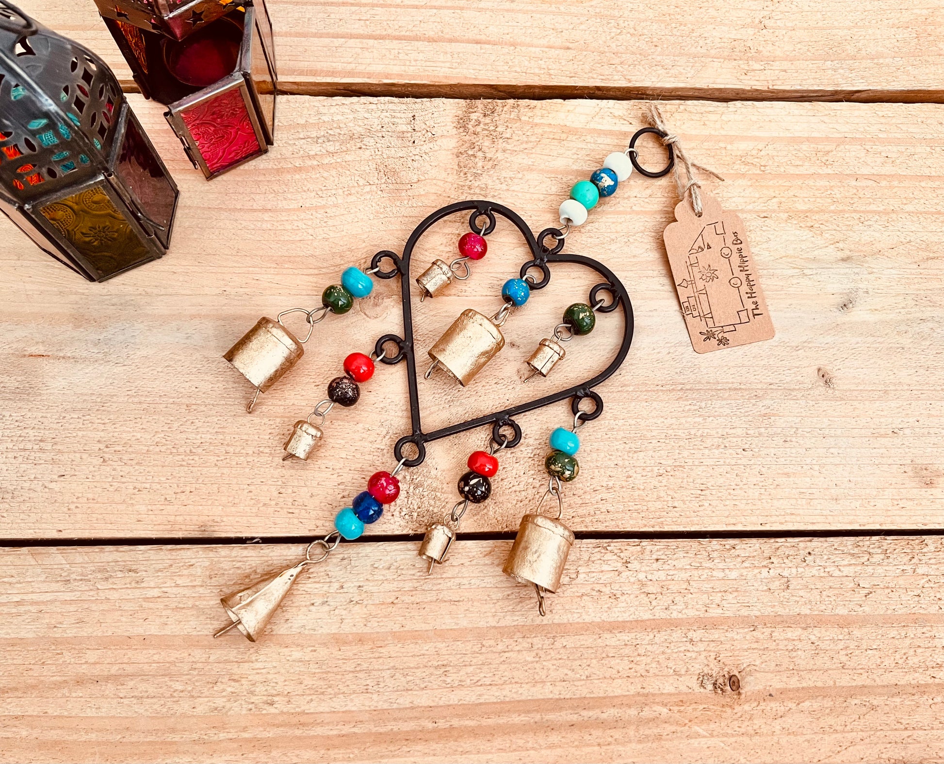 Handmade Fair Trade Ethically Sourced Bohemian Heart Metal Bell Wind Chime Hippie Outdoors Inside 