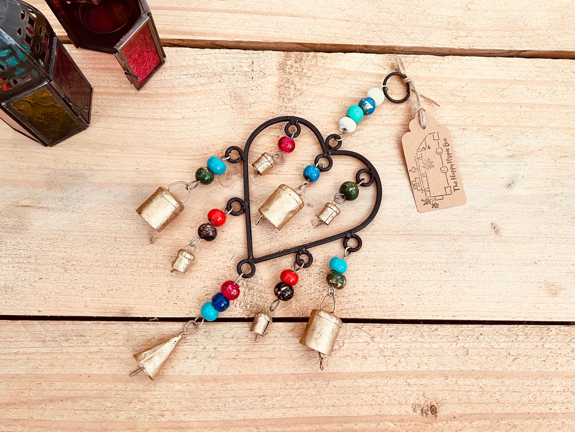 Handmade Fair Trade Ethically Sourced Bohemian Heart Metal Bell Wind Chime Hippie Outdoors Inside 