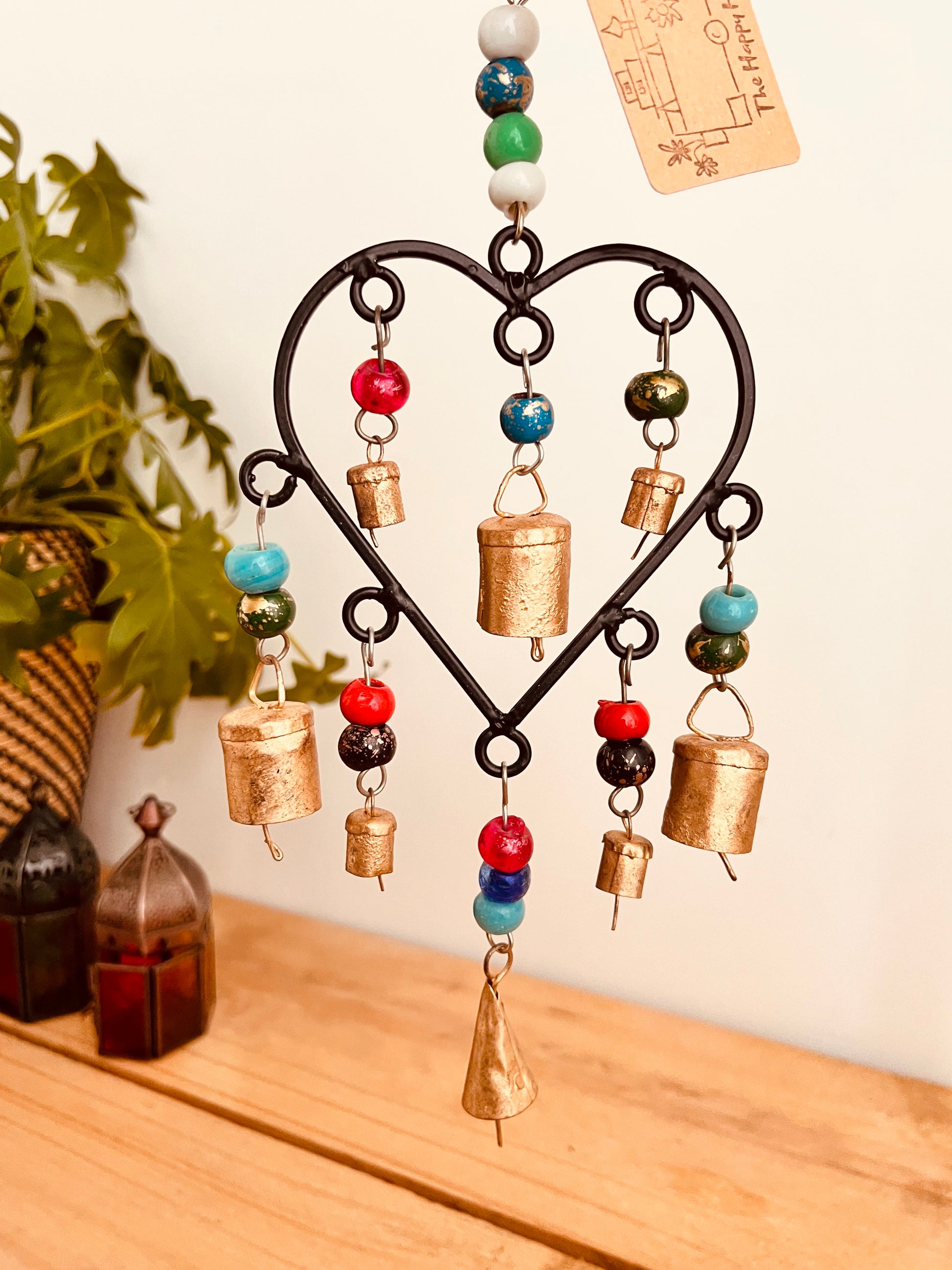 Handmade Fair Trade Ethically Sourced Bohemian Heart Metal Bell Wind Chime Hippie Outdoors Inside 