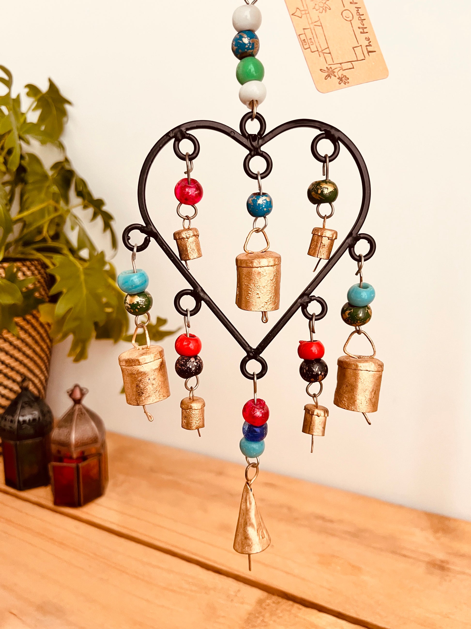 Handmade Fair Trade Ethically Sourced Bohemian Heart Metal Bell Wind Chime Hippie Outdoors Inside 
