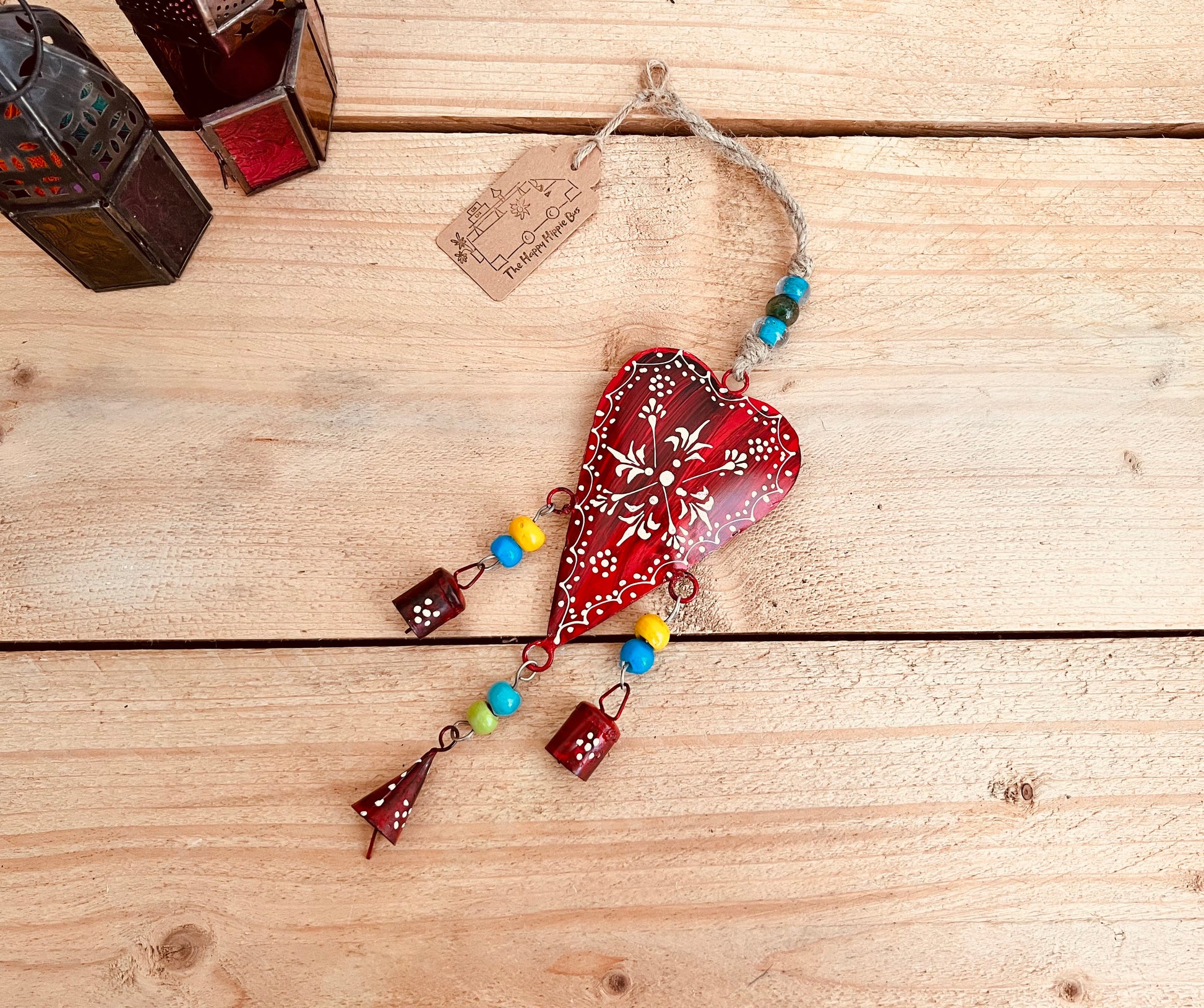 Handmade Fair Trade Ethically Sourced Bohemian Heart Red Bell Wind Chime Hippie Outdoors Inside 