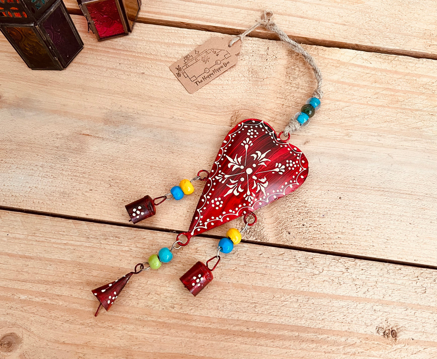 Handmade Fair Trade Ethically Sourced Bohemian Heart Red Bell Wind Chime Hippie Outdoors Inside 