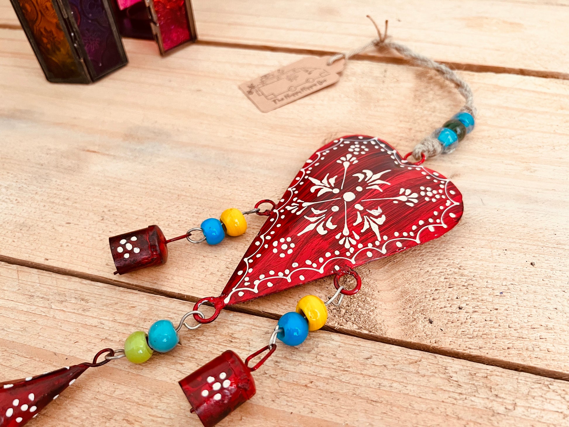 Handmade Fair Trade Ethically Sourced Bohemian Heart Red Bell Wind Chime Hippie Outdoors Inside 