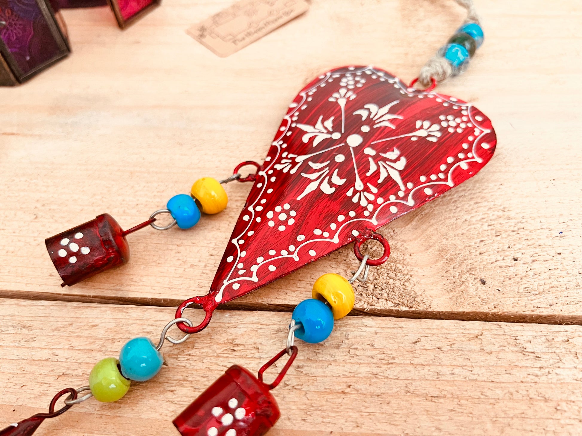 Handmade Fair Trade Ethically Sourced Bohemian Heart Red Bell Wind Chime Hippie Outdoors Inside 