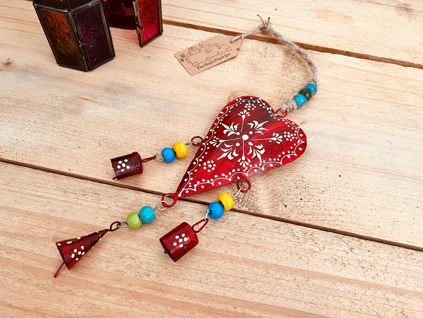 Handmade Fair Trade Ethically Sourced Bohemian Heart Red Bell Wind Chime Hippie Outdoors Inside 