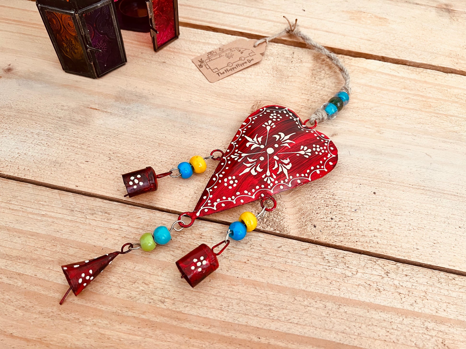 Handmade Fair Trade Ethically Sourced Bohemian Heart Red Bell Wind Chime Hippie Outdoors Inside 