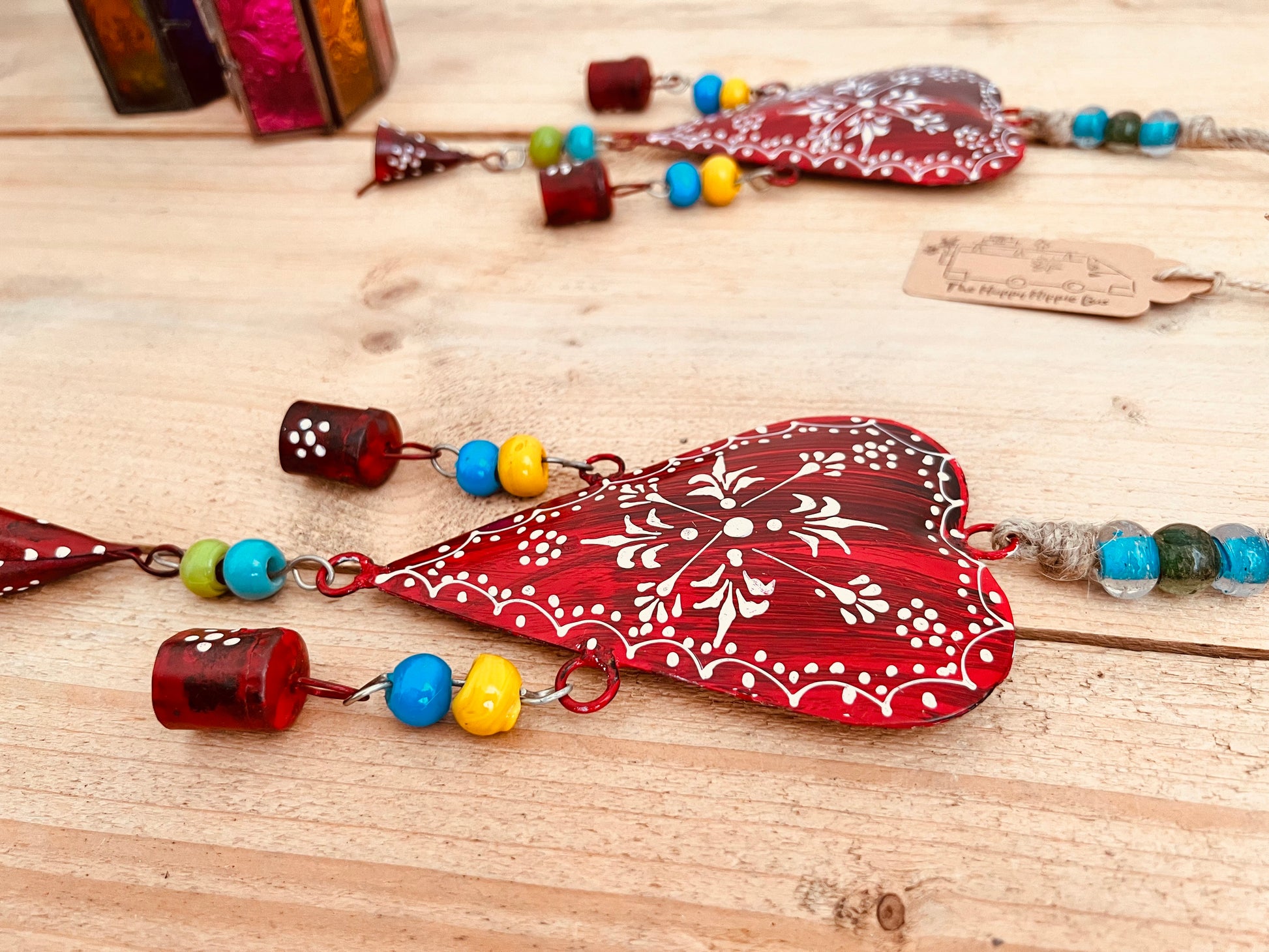 Handmade Fair Trade Ethically Sourced Bohemian Heart Red Bell Wind Chime Hippie Outdoors Inside 