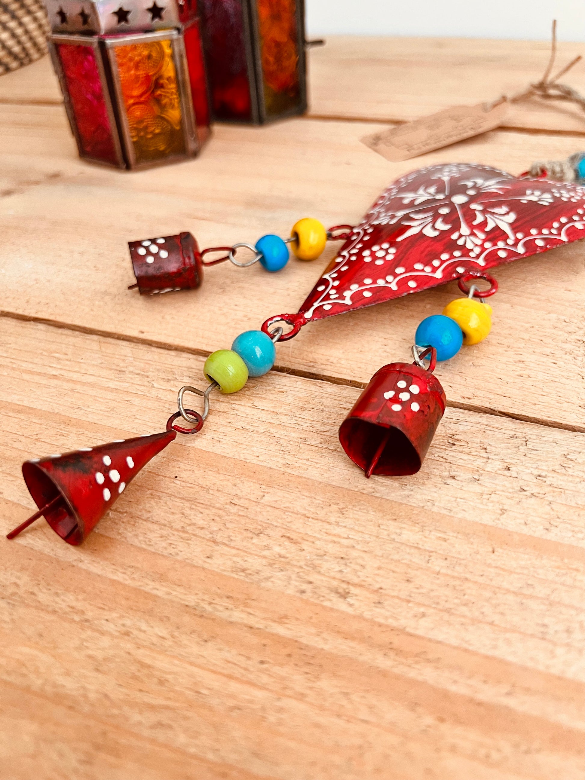 Handmade Fair Trade Ethically Sourced Bohemian Heart Red Bell Wind Chime Hippie Outdoors Inside 
