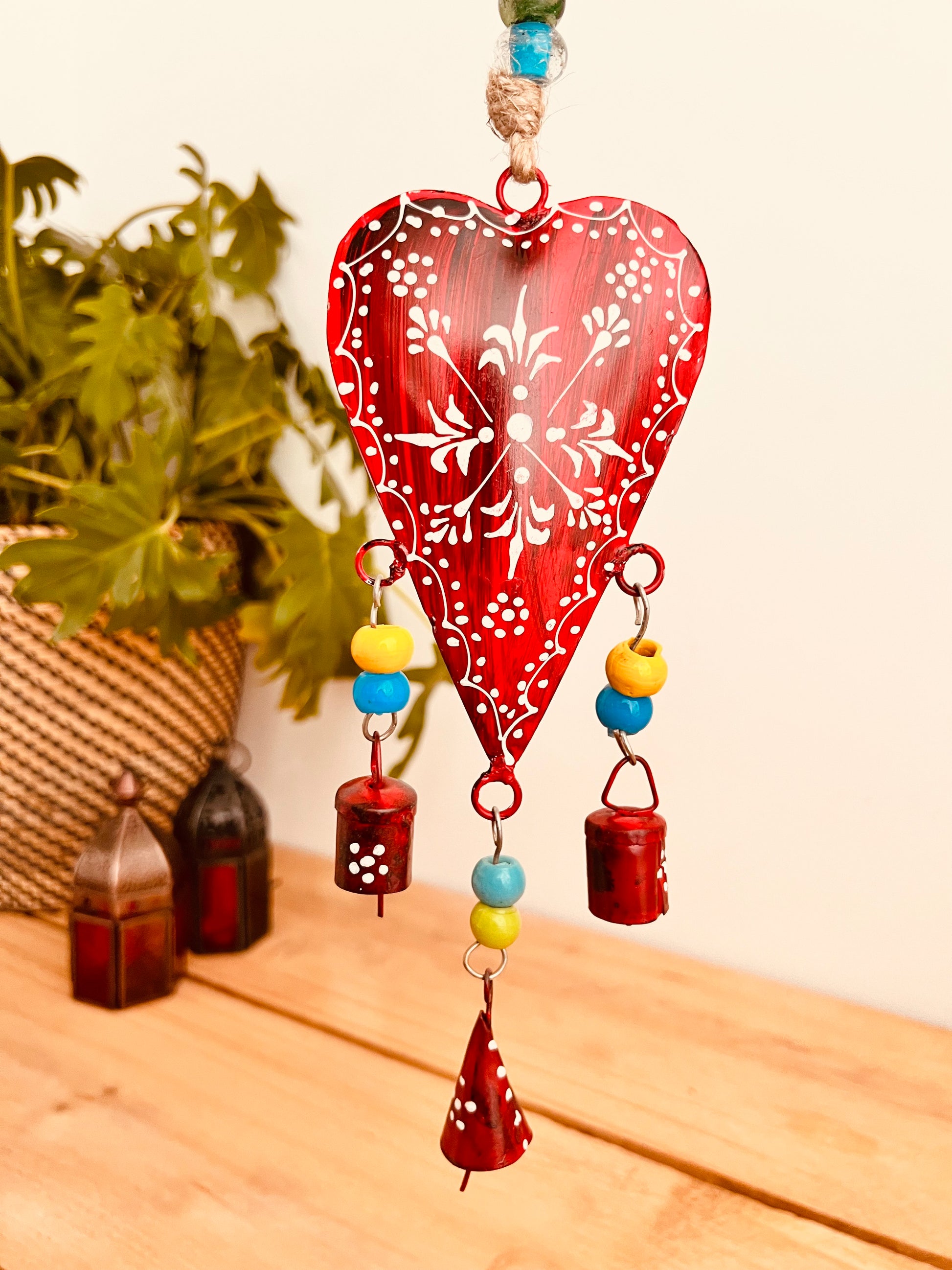 Handmade Fair Trade Ethically Sourced Bohemian Heart Red Bell Wind Chime Hippie Outdoors Inside 