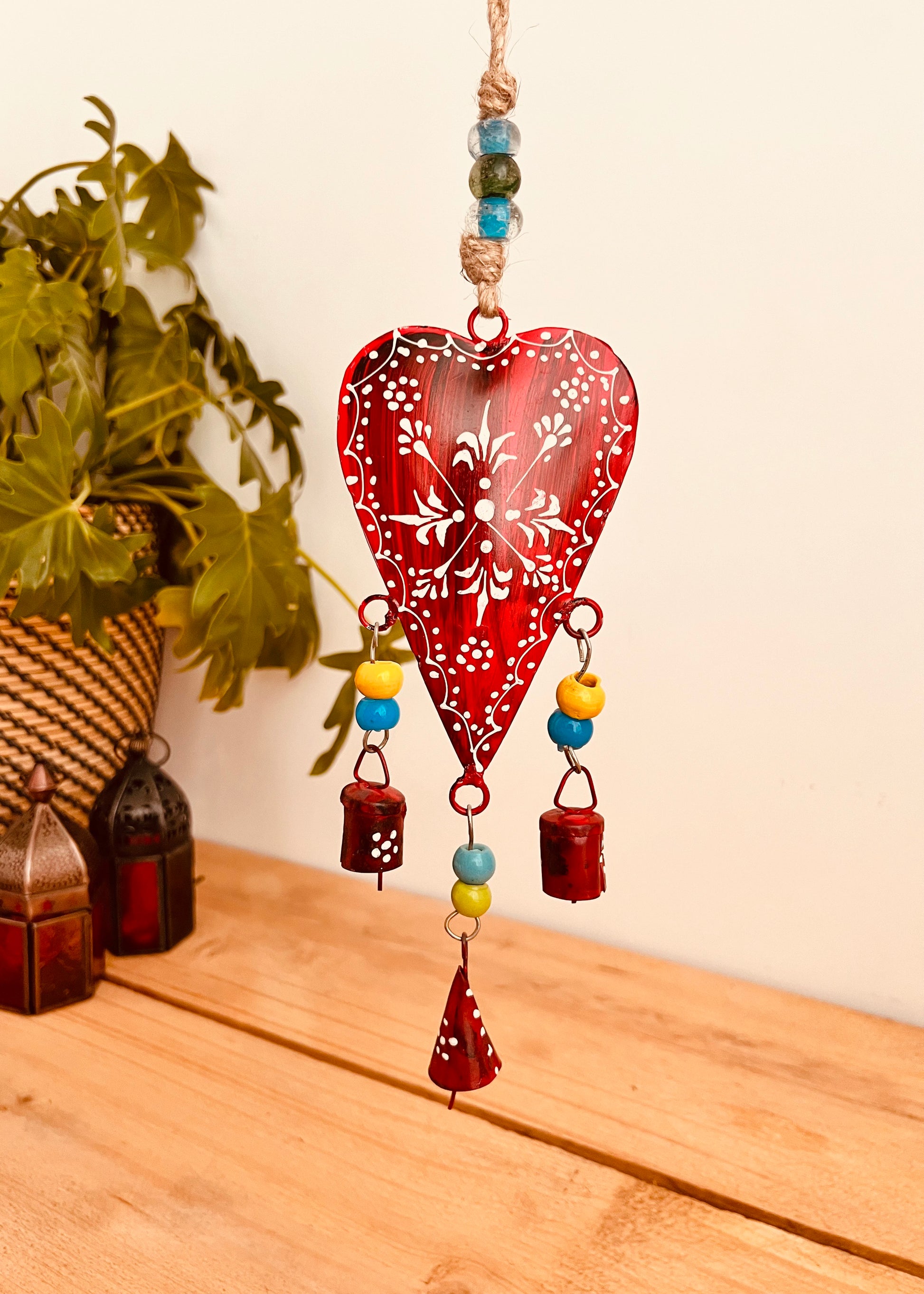 Handmade Fair Trade Ethically Sourced Bohemian Heart Red Bell Wind Chime Hippie Outdoors Inside 