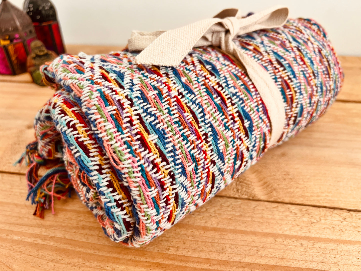 Handmade Fair Trade Ethically Sourced Bohemian Hippie Rainbow Throw Sofa Blanket 