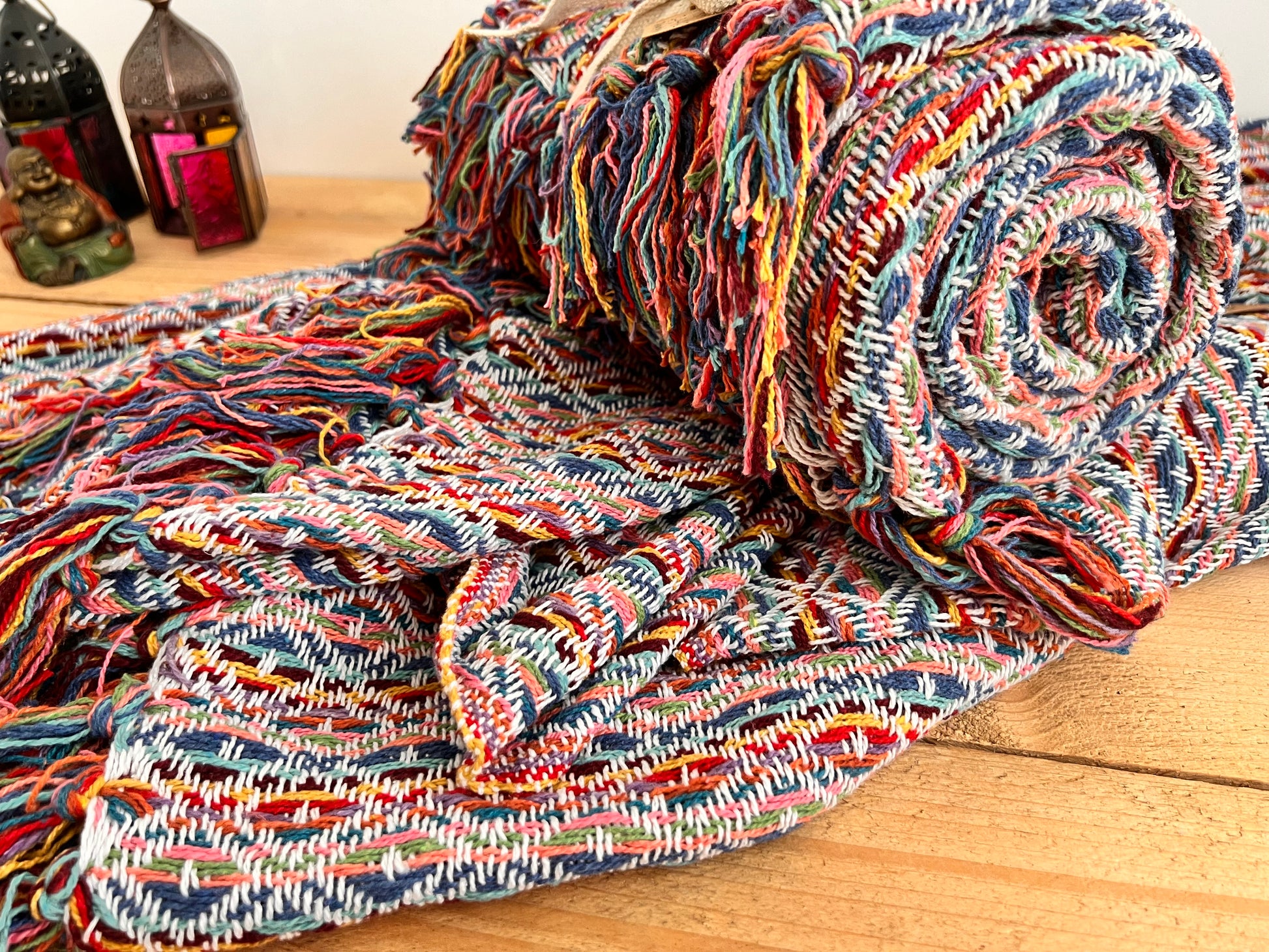 Handmade Fair Trade Ethically Sourced Bohemian Hippie Rainbow Throw Sofa Blanket 