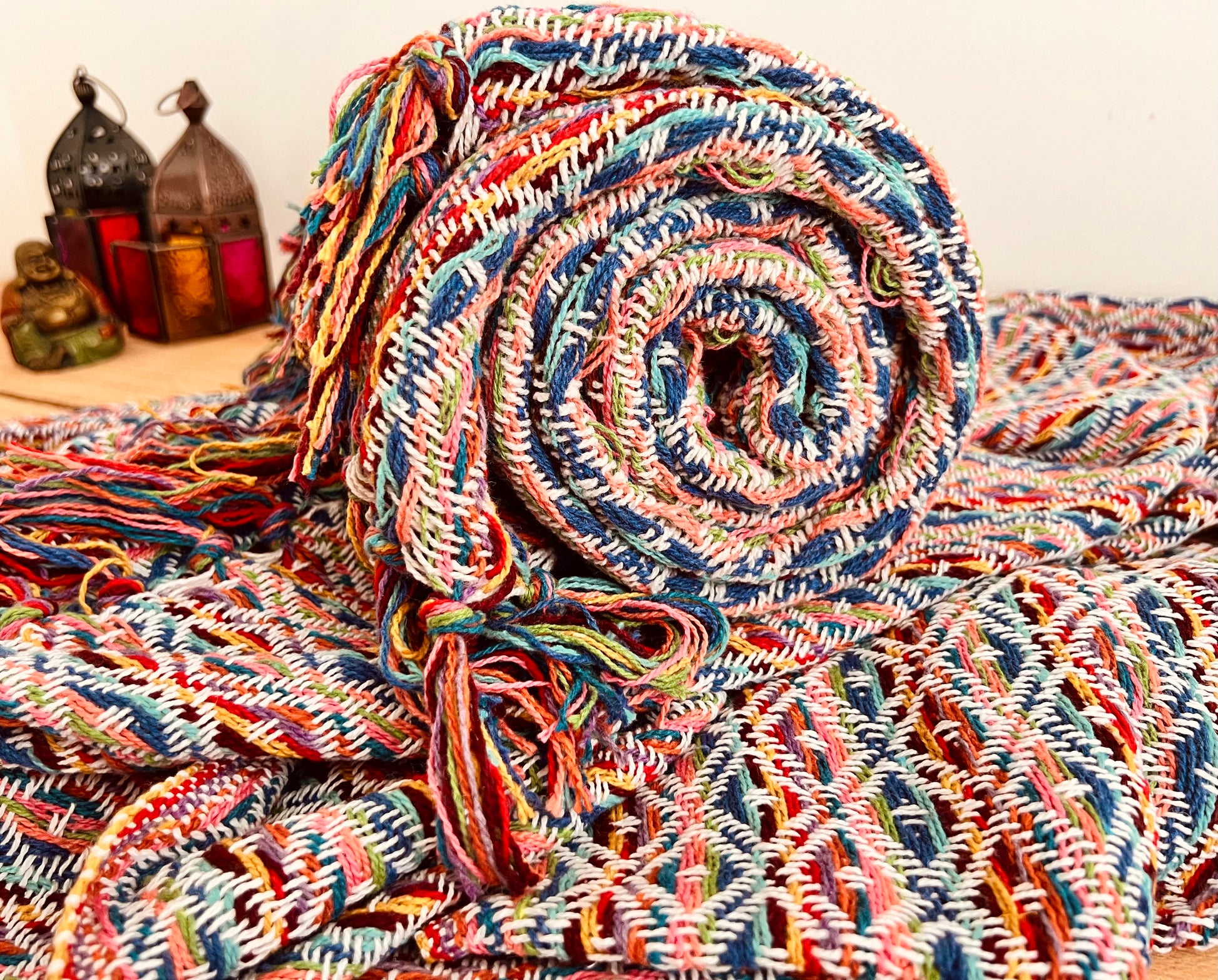 Handmade Fair Trade Ethically Sourced Bohemian Hippie Rainbow Throw Sofa Blanket 