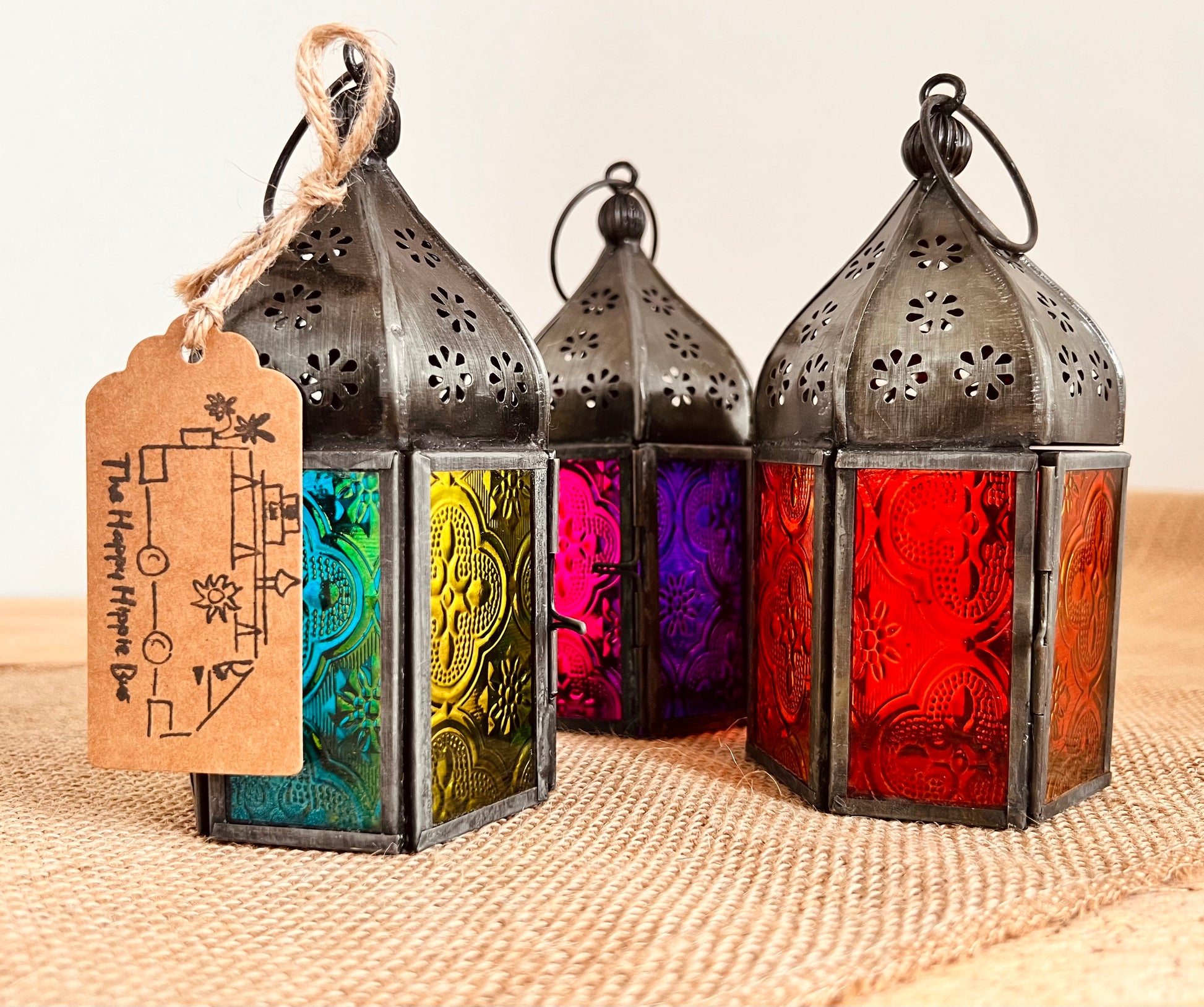 Handmade Fair Trade Ethically Sourced Recycled Metal Glads Lantern Moroccan Style T Light Holder Small Colourful Boho Hippie Decor Orange Purple Green Blue 