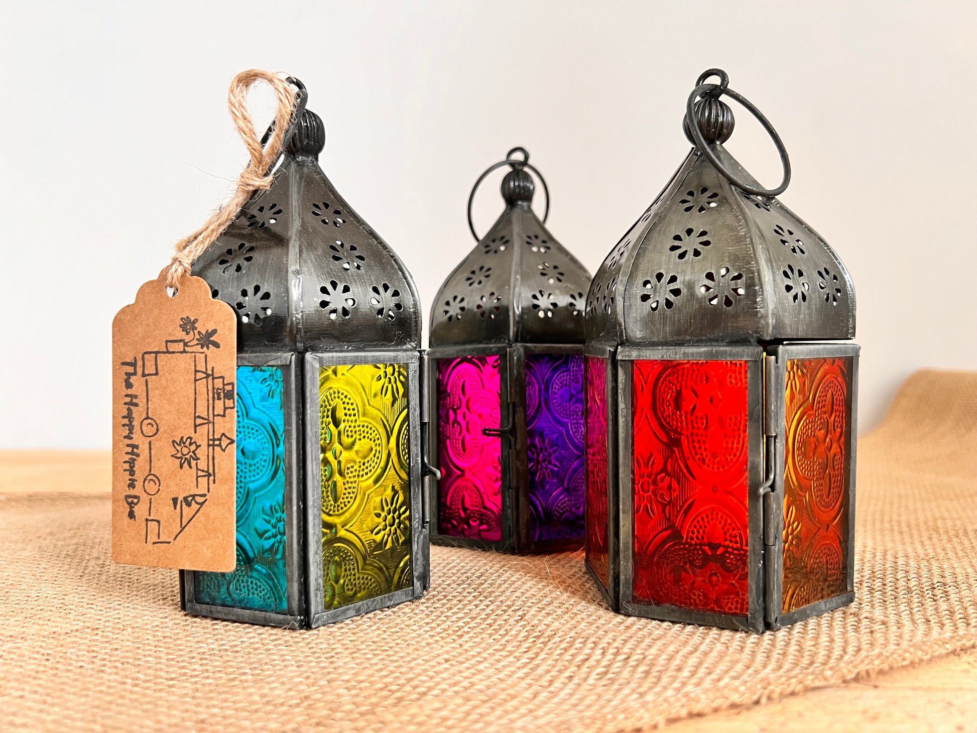 Handmade Fair Trade Ethically Sourced Recycled Metal Glads Lantern Moroccan Style T Light Holder Small Colourful Boho Hippie Decor Orange Purple Green Blue 