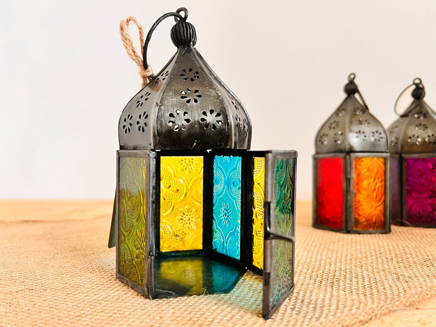 Handmade Fair Trade Ethically Sourced Recycled Metal Glads Lantern Moroccan Style T Light Holder Small Colourful Boho Hippie Decor Orange Purple Green Blue 