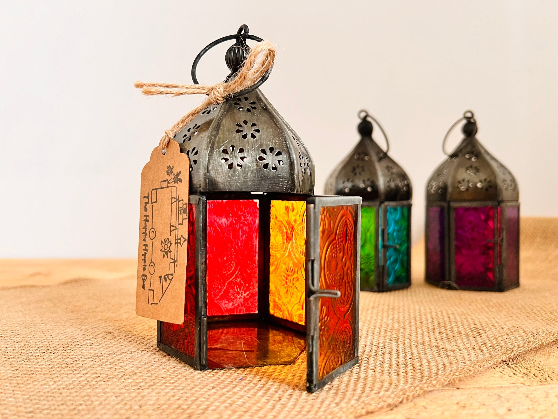 Handmade Fair Trade Ethically Sourced Recycled Metal Glads Lantern Moroccan Style T Light Holder Small Colourful Boho Hippie Decor Orange Purple Green Blue 