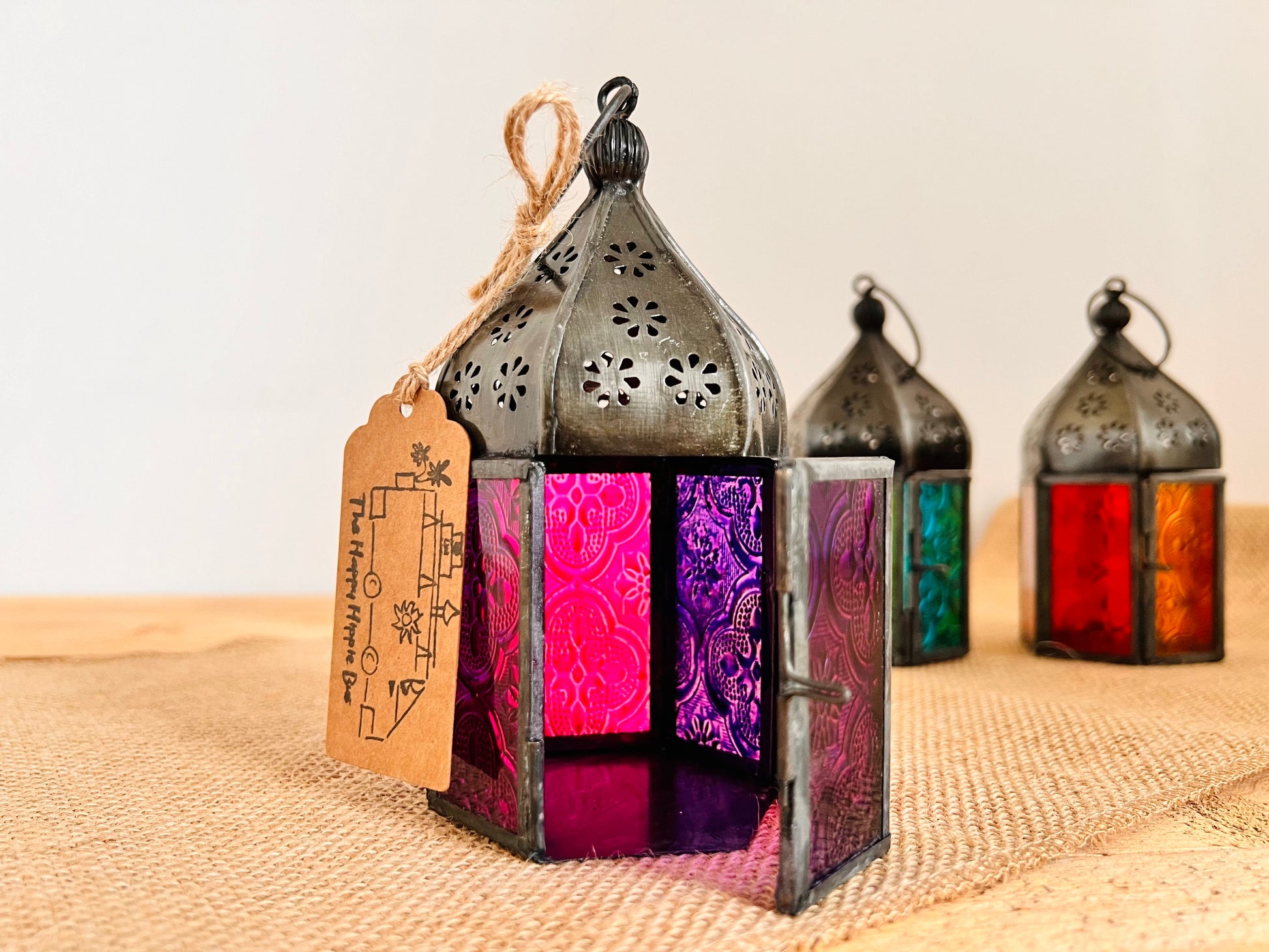 Handmade Fair Trade Ethically Sourced Recycled Metal Glads Lantern Moroccan Style T Light Holder Small Colourful Boho Hippie Decor Orange Purple Green Blue 