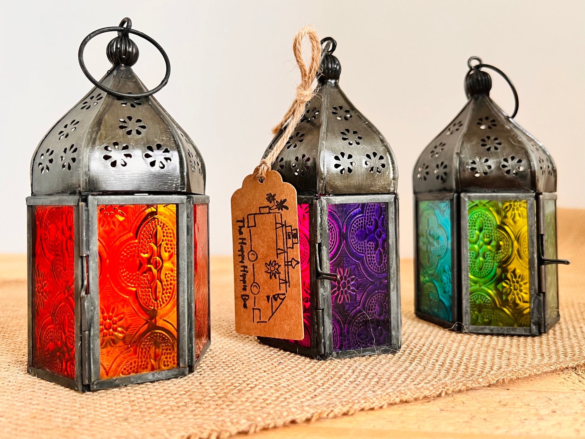 Handmade Fair Trade Ethically Sourced Recycled Metal Glads Lantern Moroccan Style T Light Holder Small Colourful Boho Hippie Decor Orange Purple Green Blue 