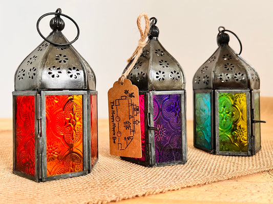 Handmade Fair Trade Ethically Sourced Recycled Metal Glads Lantern Moroccan Style T Light Holder Small Colourful Boho Hippie Decor Orange Purple Green Blue 