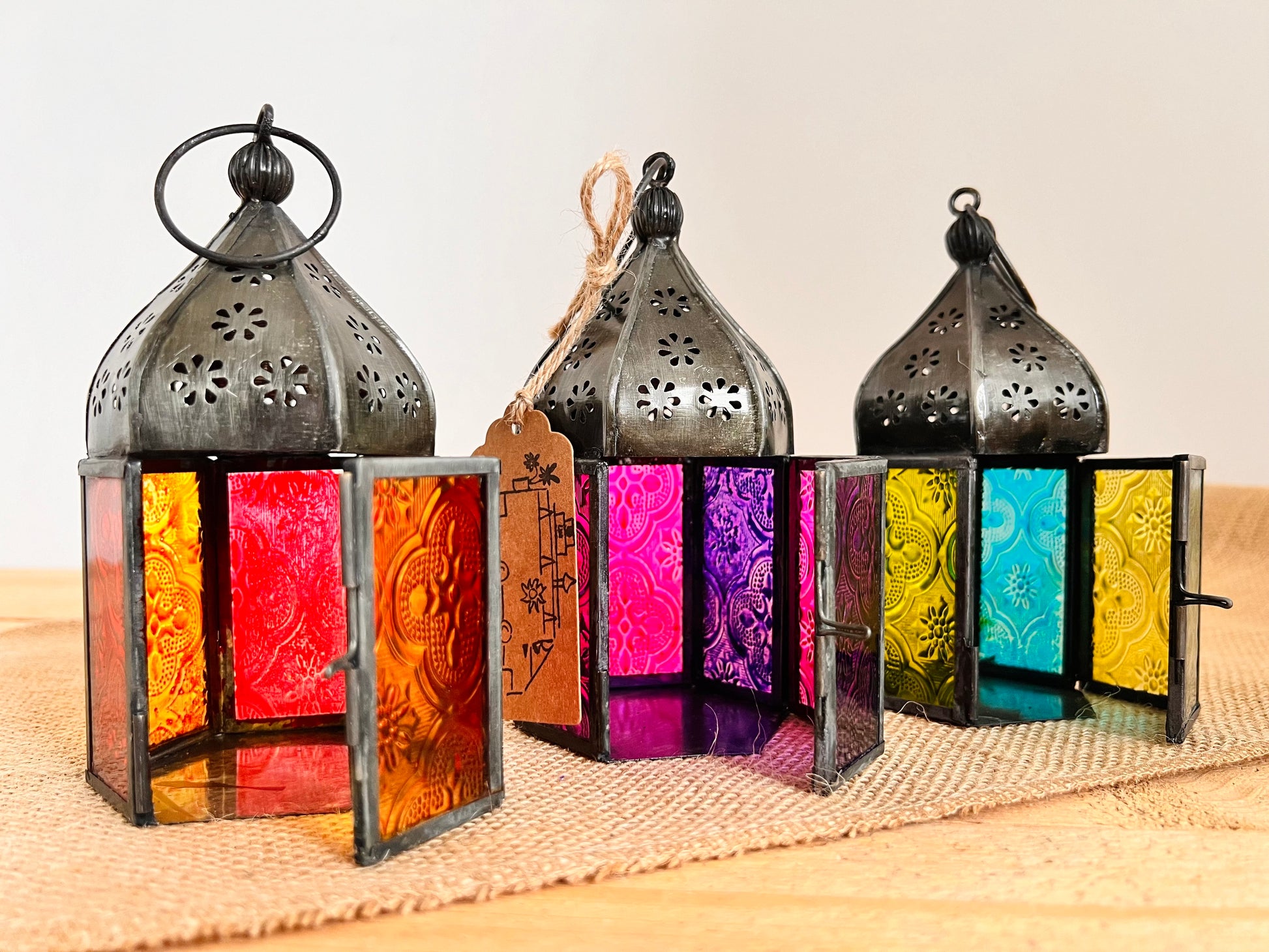 Handmade Fair Trade Ethically Sourced Recycled Metal Glads Lantern Moroccan Style T Light Holder Small Colourful Boho Hippie Decor Orange Purple Green Blue 