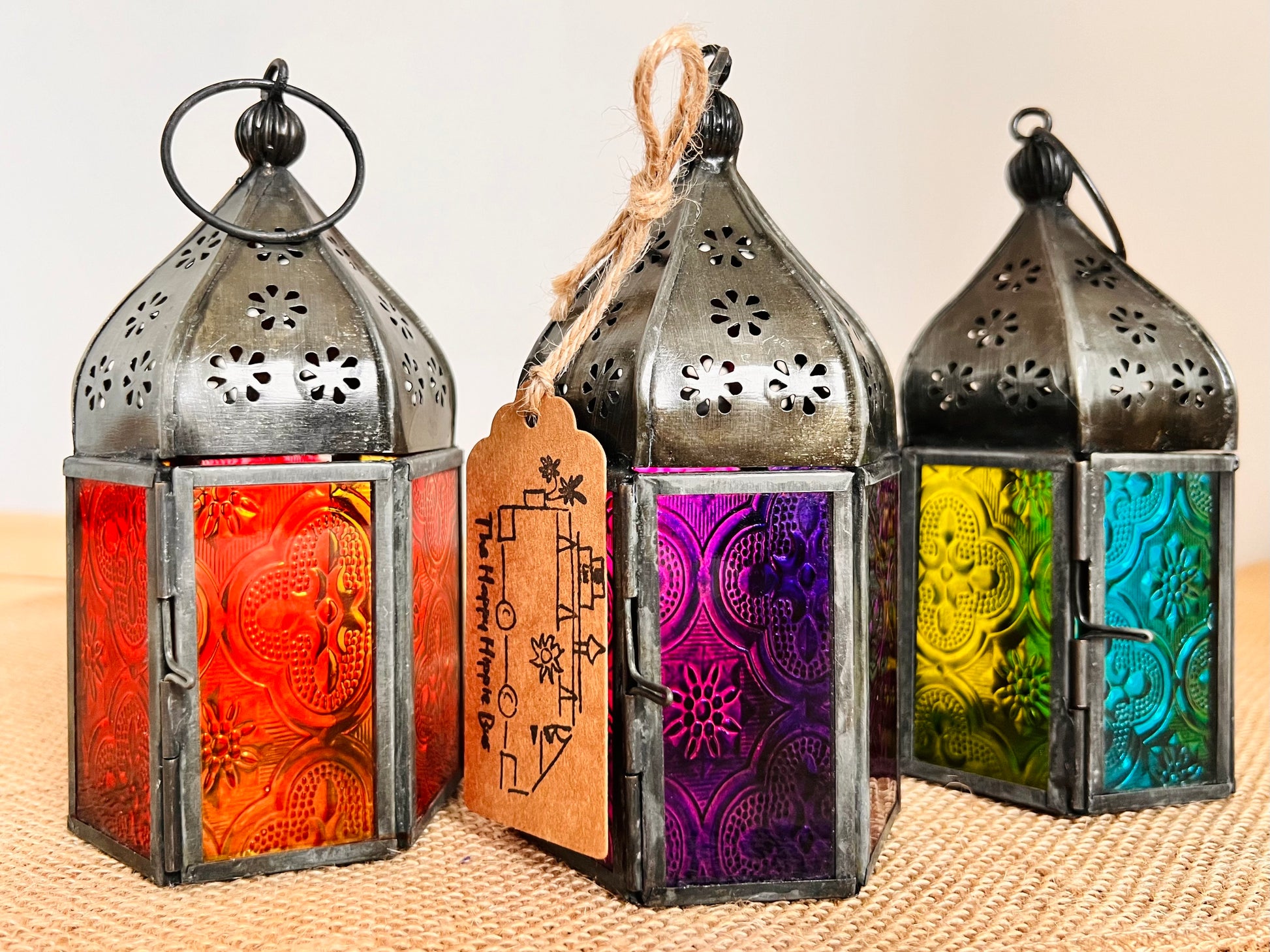 Handmade Fair Trade Ethically Sourced Recycled Metal Glads Lantern Moroccan Style T Light Holder Small Colourful Boho Hippie Decor Orange Purple Green Blue 