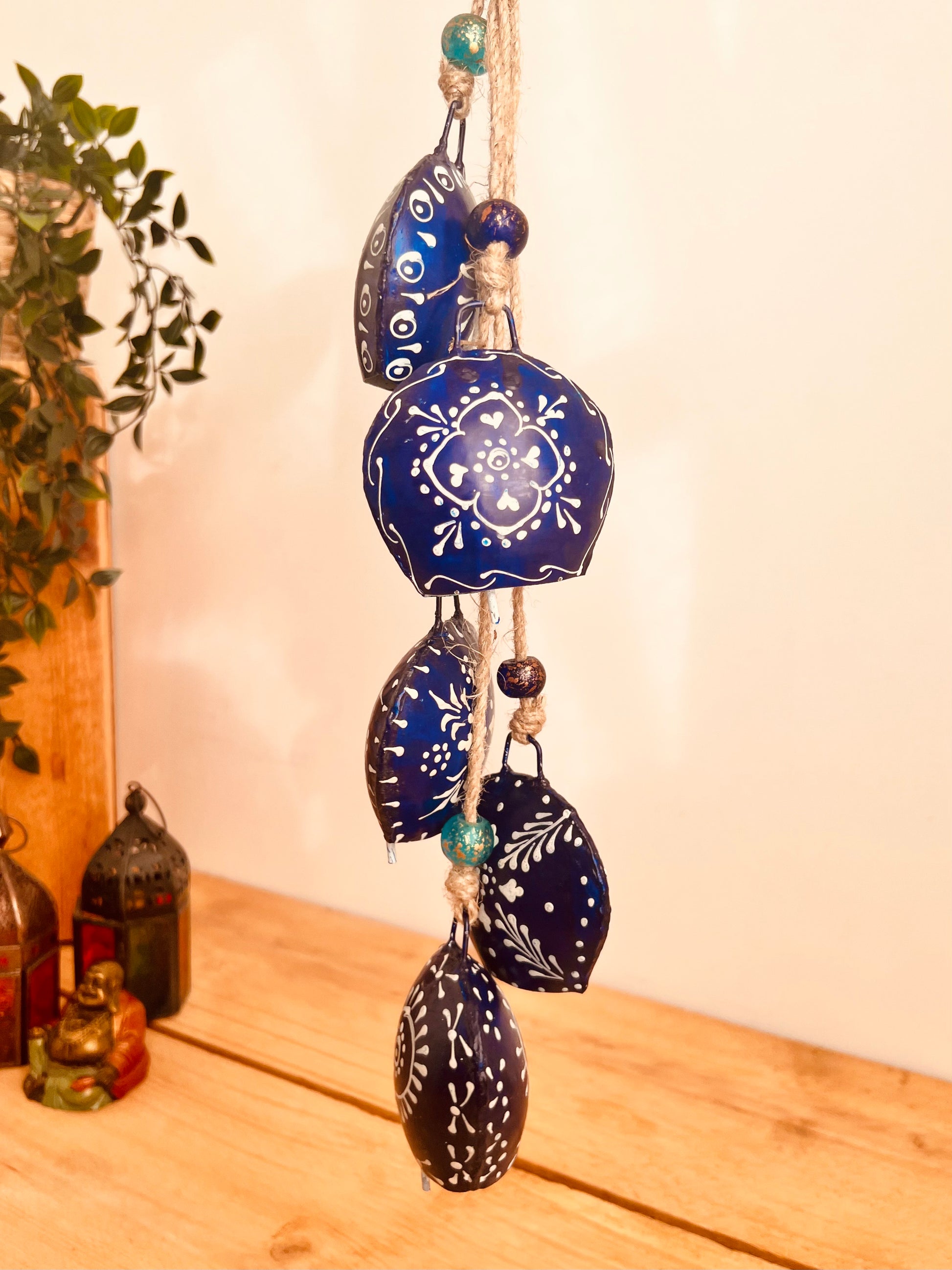 Decorative blue hanging bells bohemian windchime hippie decor