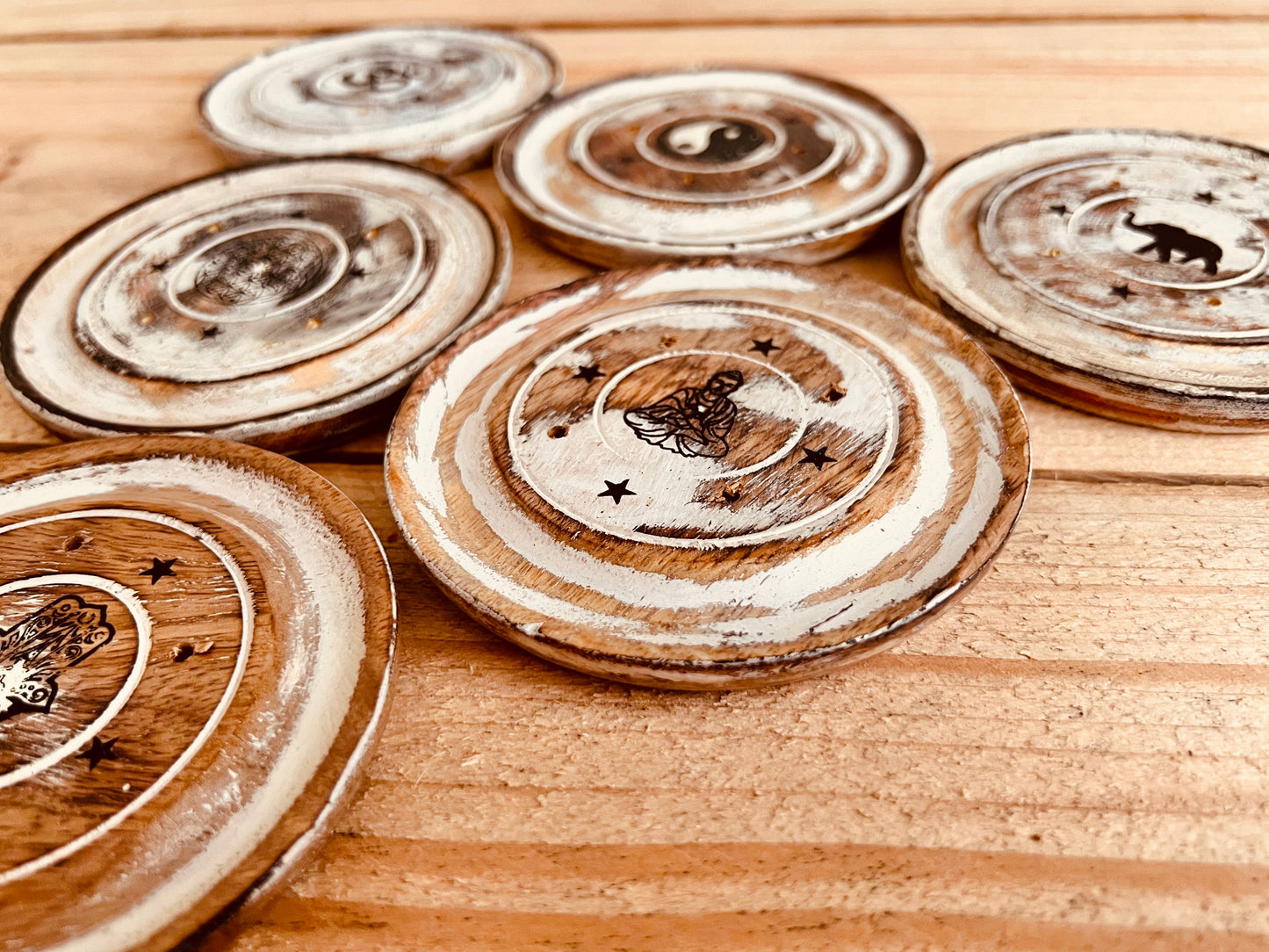 Handmade Fair Trade Ethically Sourced Bohemian Hippie Incense Stick Holder Ash Catcher Mango Wood Round Plate White Brown 