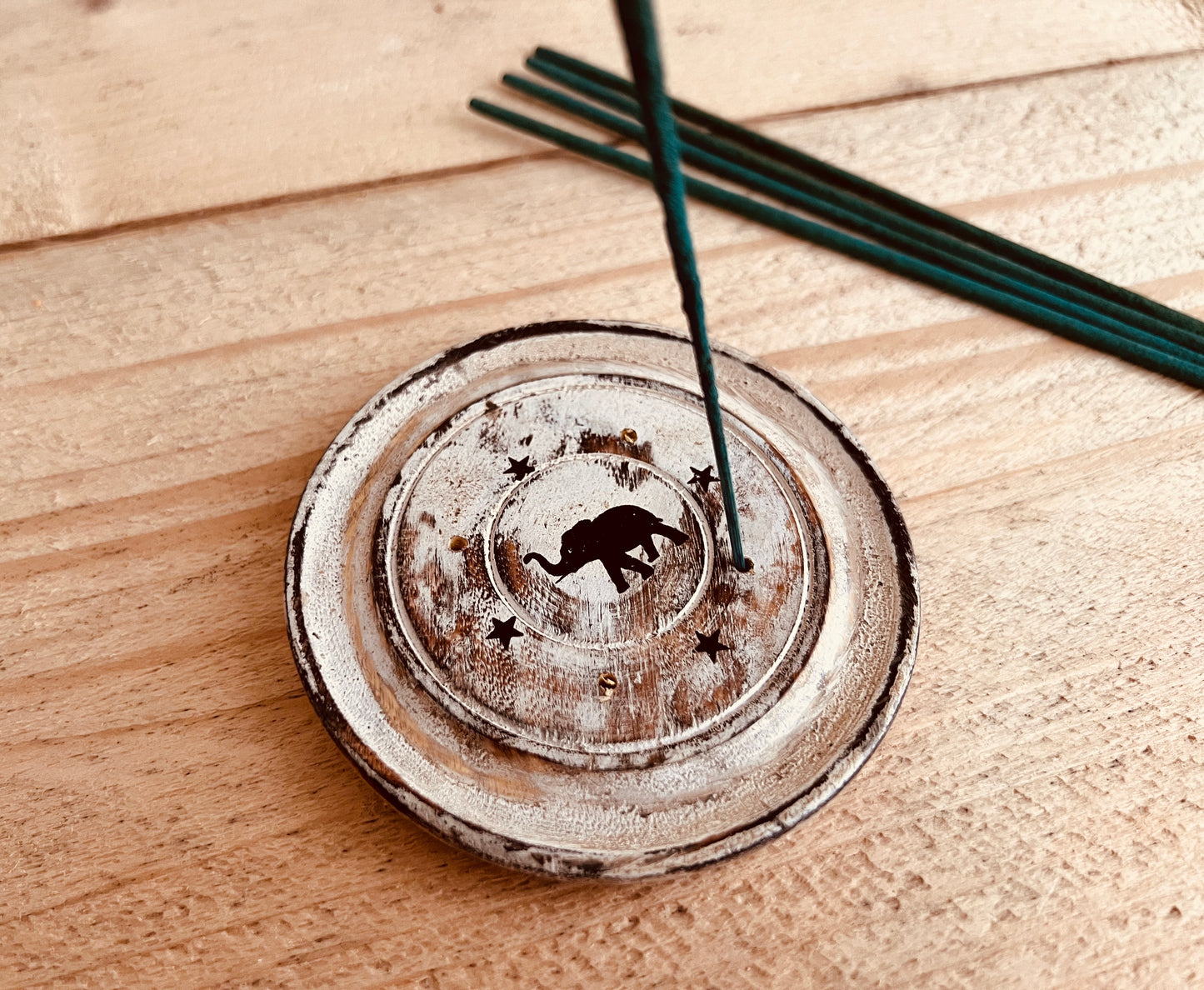 Handmade Fair Trade Ethically Sourced Bohemian Hippie Incense Stick Holder Ash Catcher Mango Wood Round Plate White Brown 