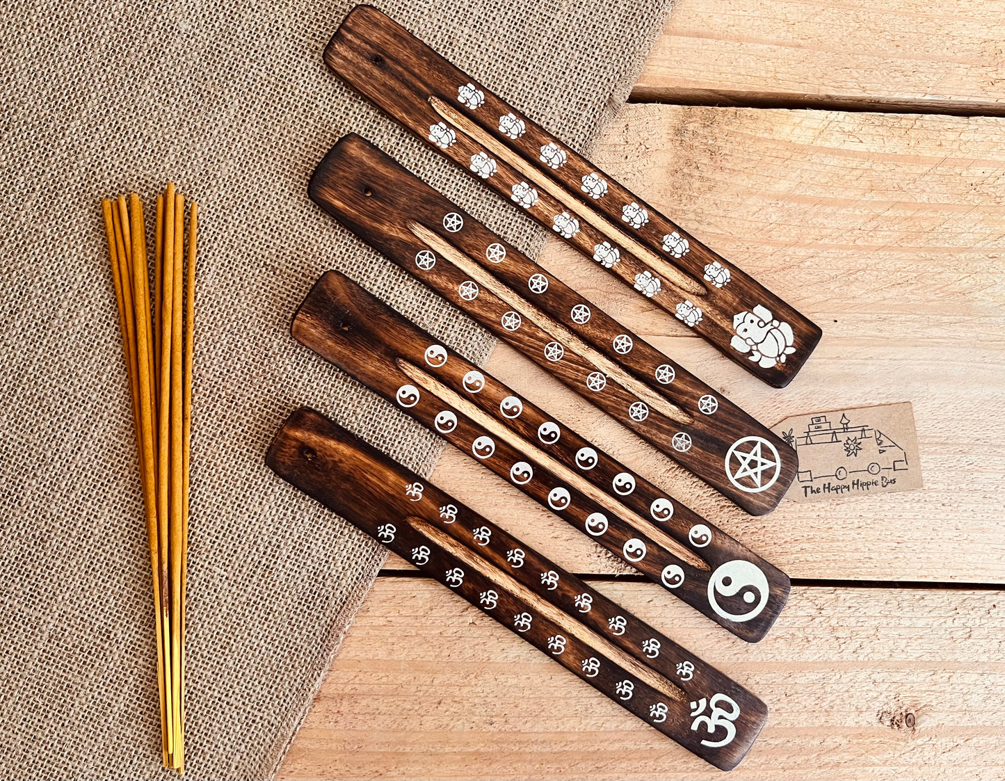 handmade incense stick holder burner with metallic paint printed bohemian hippie chic designs, Om Symbol, Pentagram, Ganesha, Yin Yang incense ash catcher, calming incense sticks, ethically sourced wooden incense holder in dark wood finish
