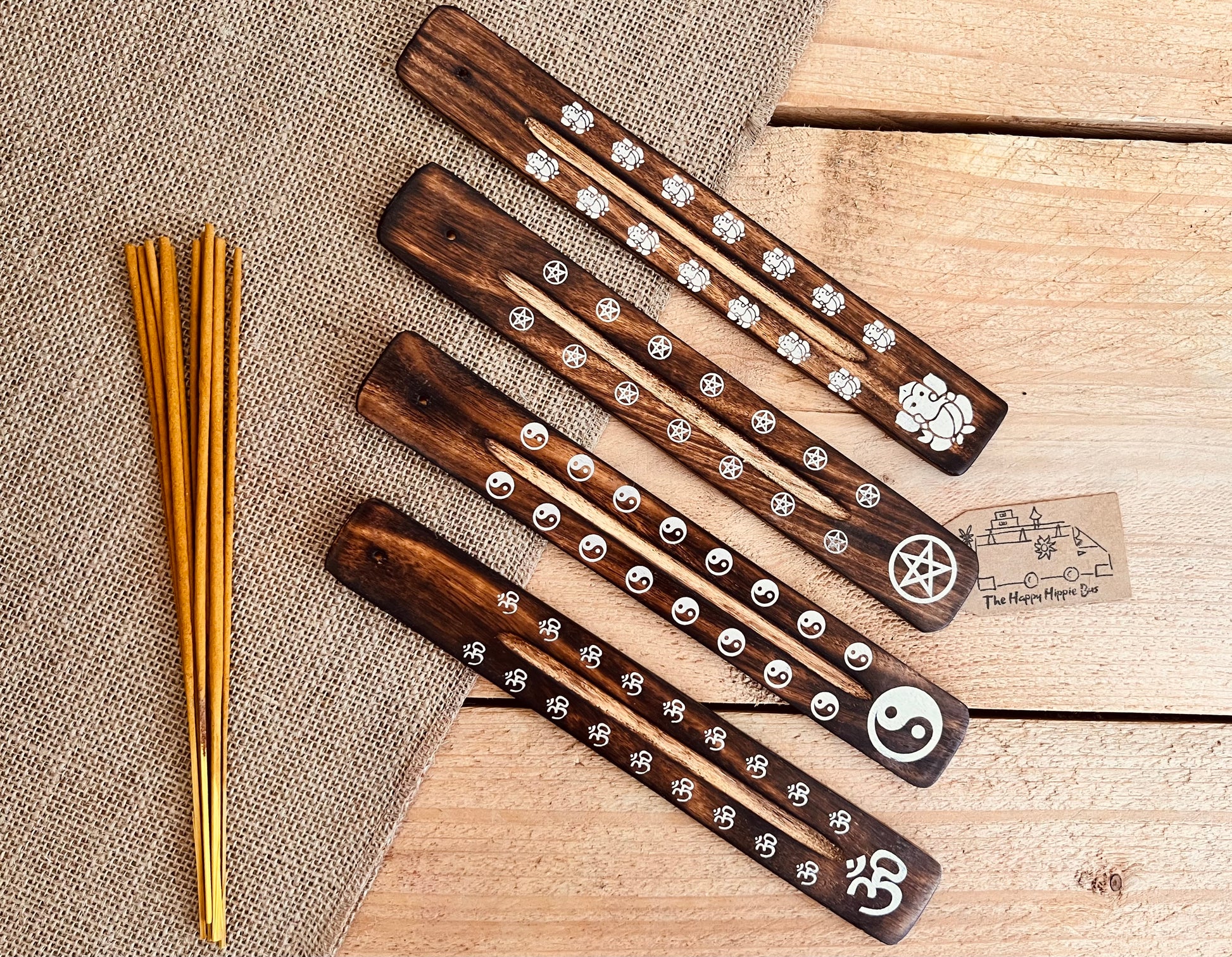 handmade incense stick holder burner with metallic paint printed bohemian hippie chic designs, Om Symbol, Pentagram, Ganesha, Yin Yang incense ash catcher, calming incense sticks, ethically sourced wooden incense holder in dark wood finish