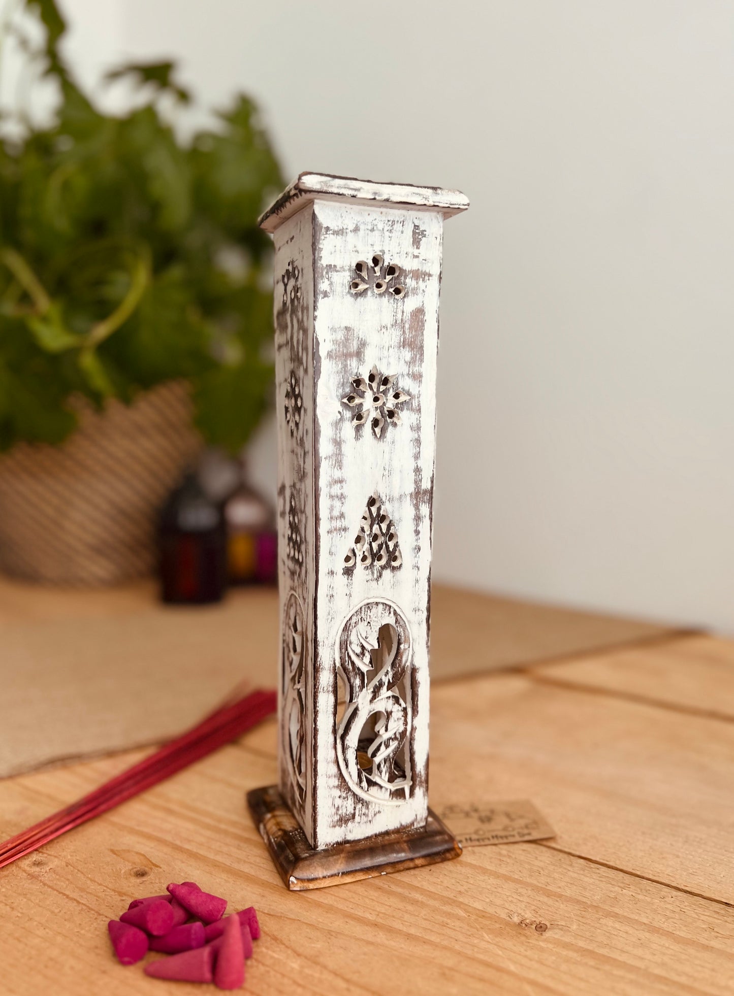 Handmade Fair Trade Ethically Sourced White Washed Incense Cone & Stick Holder Incense Tower Ash Catcher Mango Wood Sustainable Made 