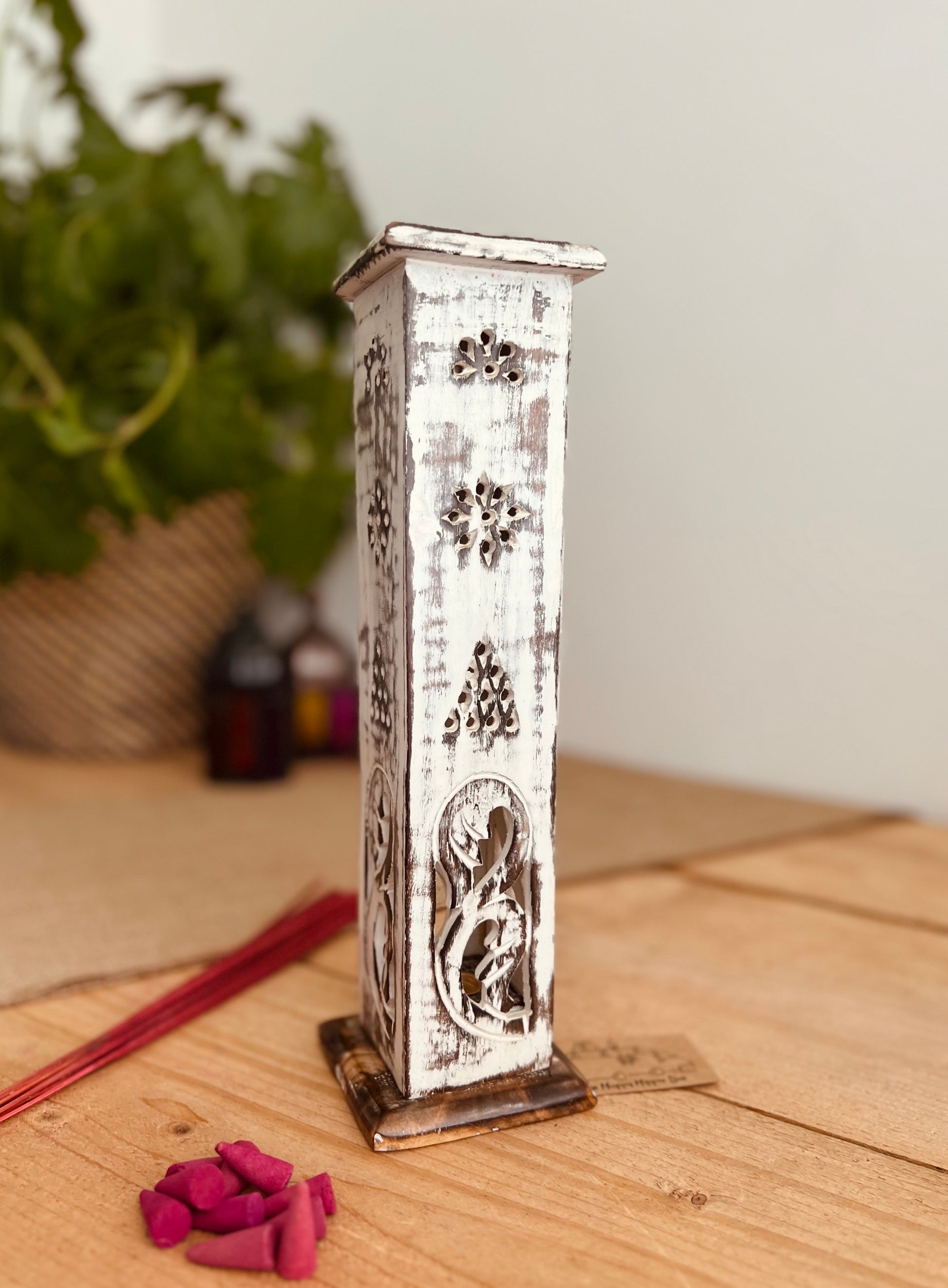 Handmade Fair Trade Ethically Sourced White Washed Incense Cone & Stick Holder Incense Tower Ash Catcher Mango Wood Sustainable Made 