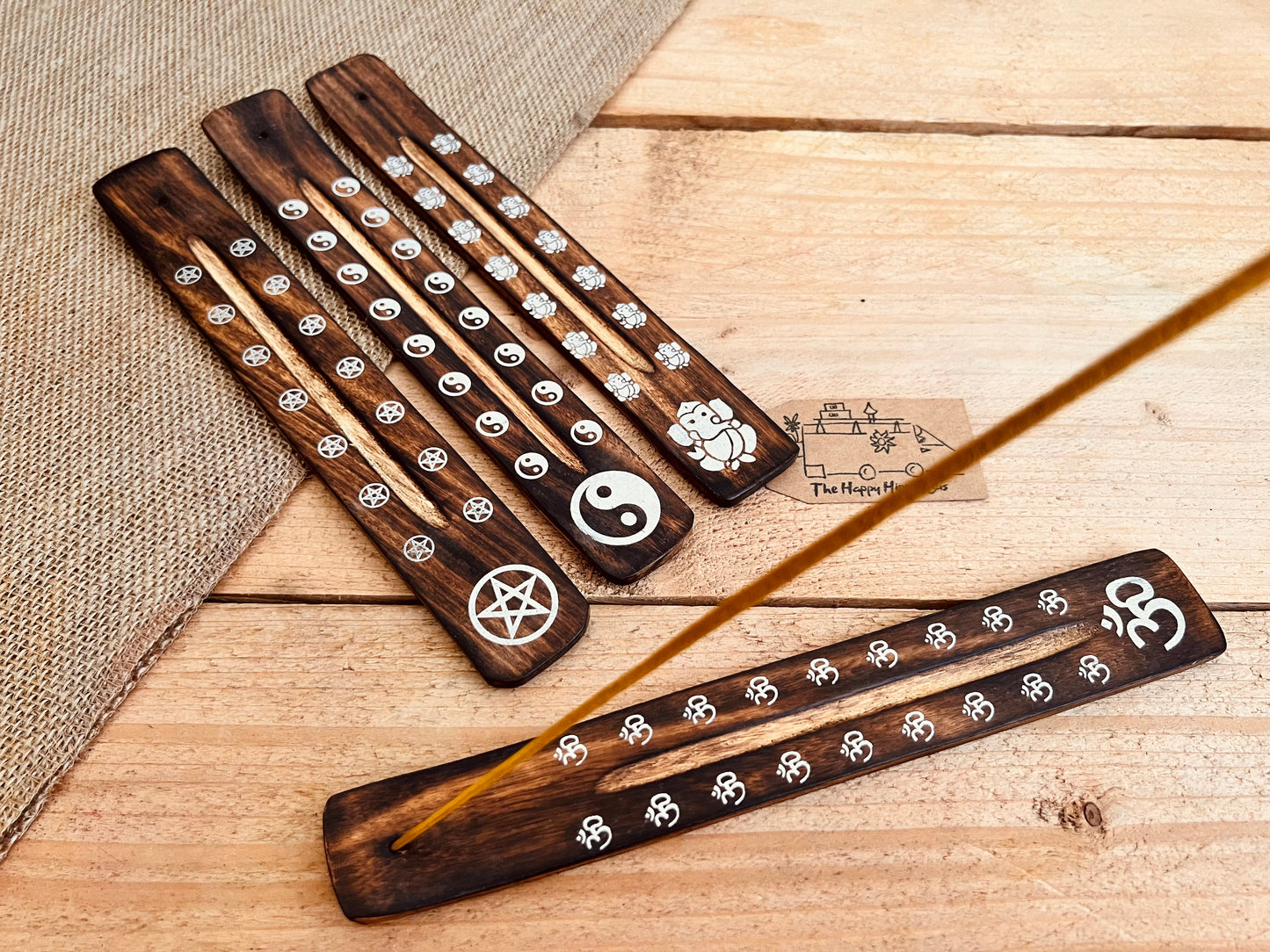 handmade incense stick holder burner with metallic paint printed bohemian hippie chic designs, Om Symbol, Pentagram, Ganesha, Yin Yang incense ash catcher, calming incense sticks, ethically sourced wooden incense holder in dark wood finish